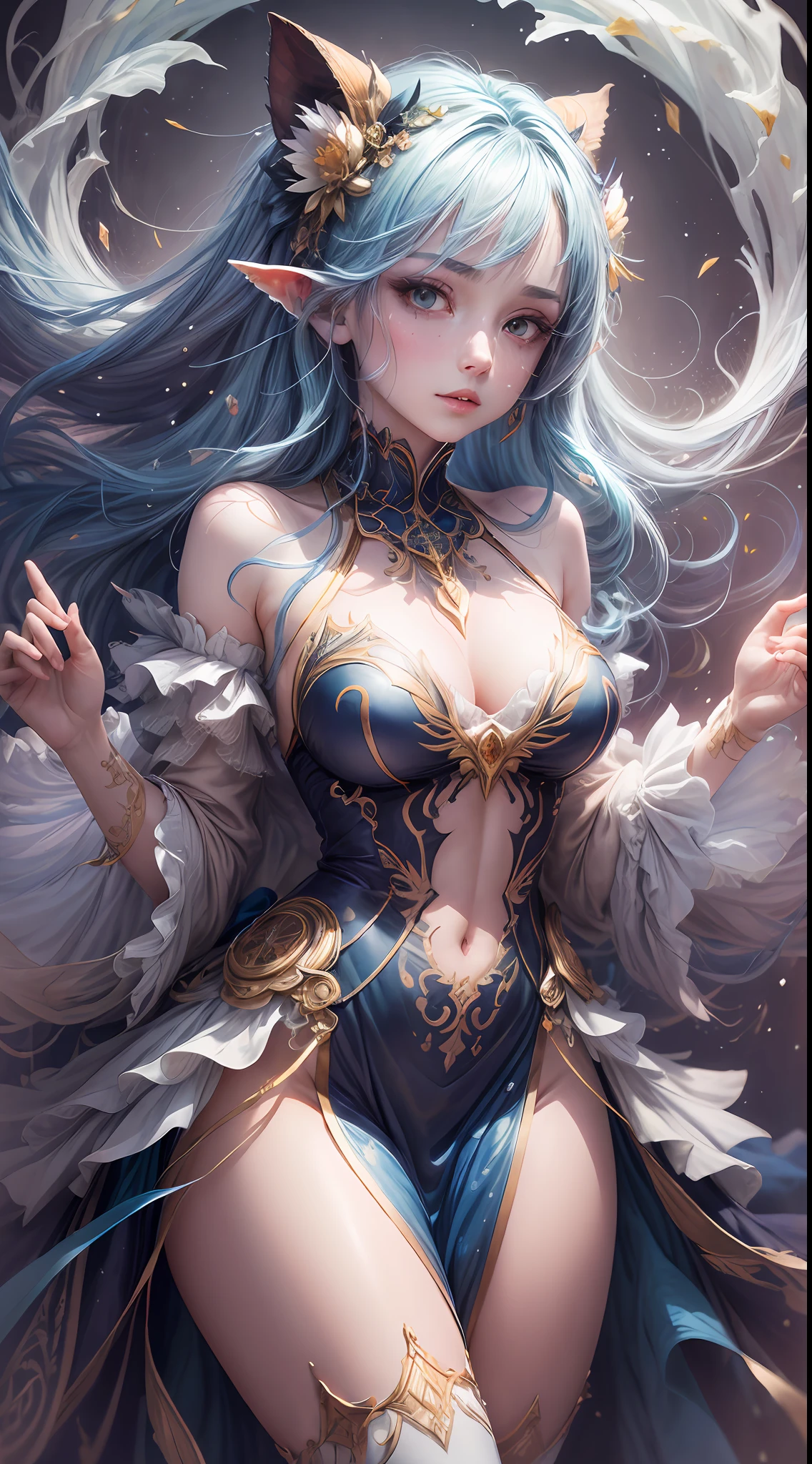 A captivating anime girl gracefully emerges from the pages of a watercolor painting, her vibrant and intricate colors breathing life into the artwork. She wears extraordinary fantasy costumes,Decorated with exquisite details, reflecting the enchanting world she inhabits. Luminescent elements, like glowing crystals and ethereal wisps, surround her, casting a soft, otherworldly glow. The watercolor style imbues the image with a sense of fluidity and delicacy, as if the colors are effortlessly blending and bleeding into one another. Camera shot: Medium Shot, Camera lens: softfocus, Lighting: luminescent glow, watercolor brushstrokes,