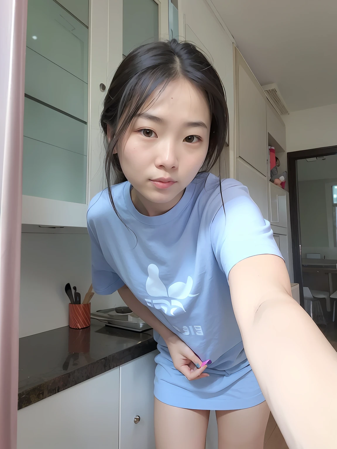 there is a woman taking a selfie in a kitchen, 8k selfie photograph, young cute wan asian face, dang my linh, taken with sony alpha 9, selfie of a young woman, selfie shot straight on angle, taken with canon 8 0 d, Young and cute face, with cute - fine - face, with kind face。Wear a crimson T-shirt,Apply dark brown nail polish to your thumb,closeup of face,The hair was long,The clothes are Chinese patterns,Wear transparent spectacle frames。Pink T-shirt。