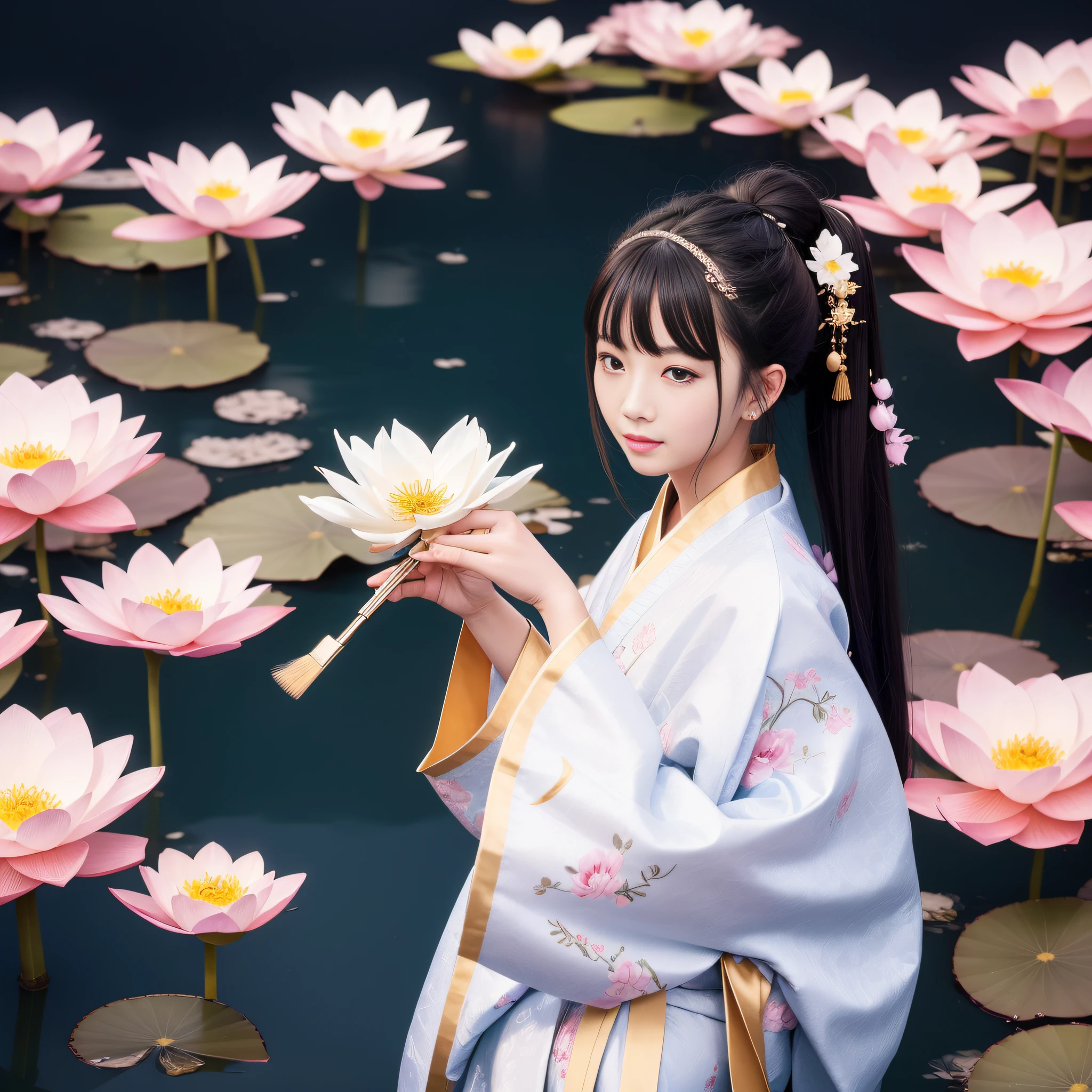 (Painting style:Beautiful)The crescent moon hangs on the eaves,Lotus flowers bloom,Hanfu woman holding lotus flowers in her hand The poet inscribed a poem next to him and painted