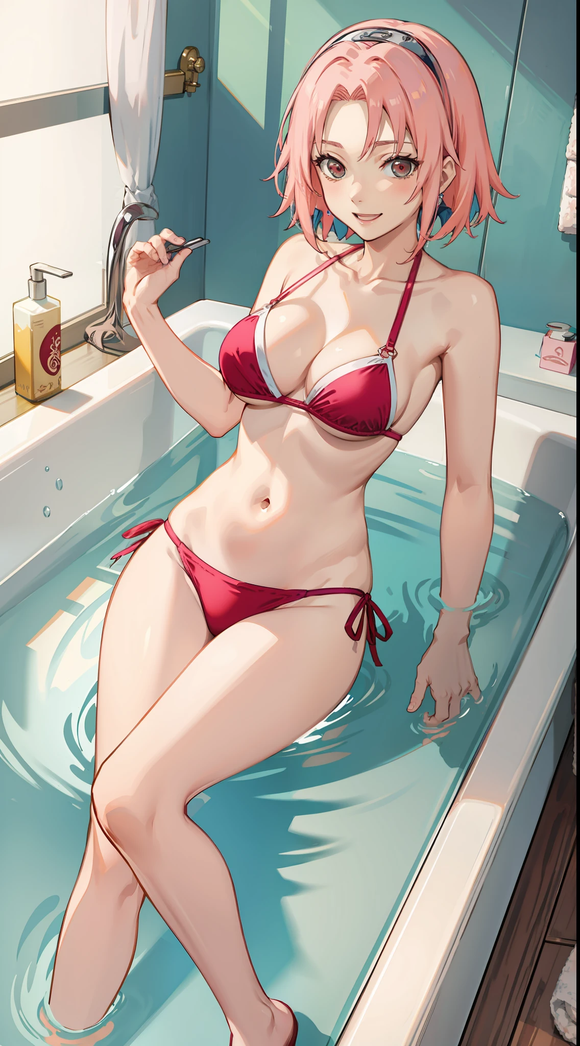 Haruno sakura, short hair, medium breast, cleavage, navel, slim legs, pink hair, happy, side tie bikini, bathtub, skirt, adult body