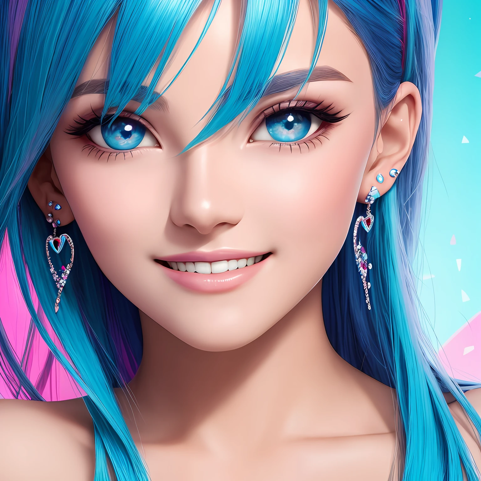 colored inner hair, hairpin, heart-shaped pupils, crystal earrings, light smile, Surrealism, drop shadow, bust chart, close-up, Wide-Angle, 8k, best quality, high details, ccurate, textured skin --auto