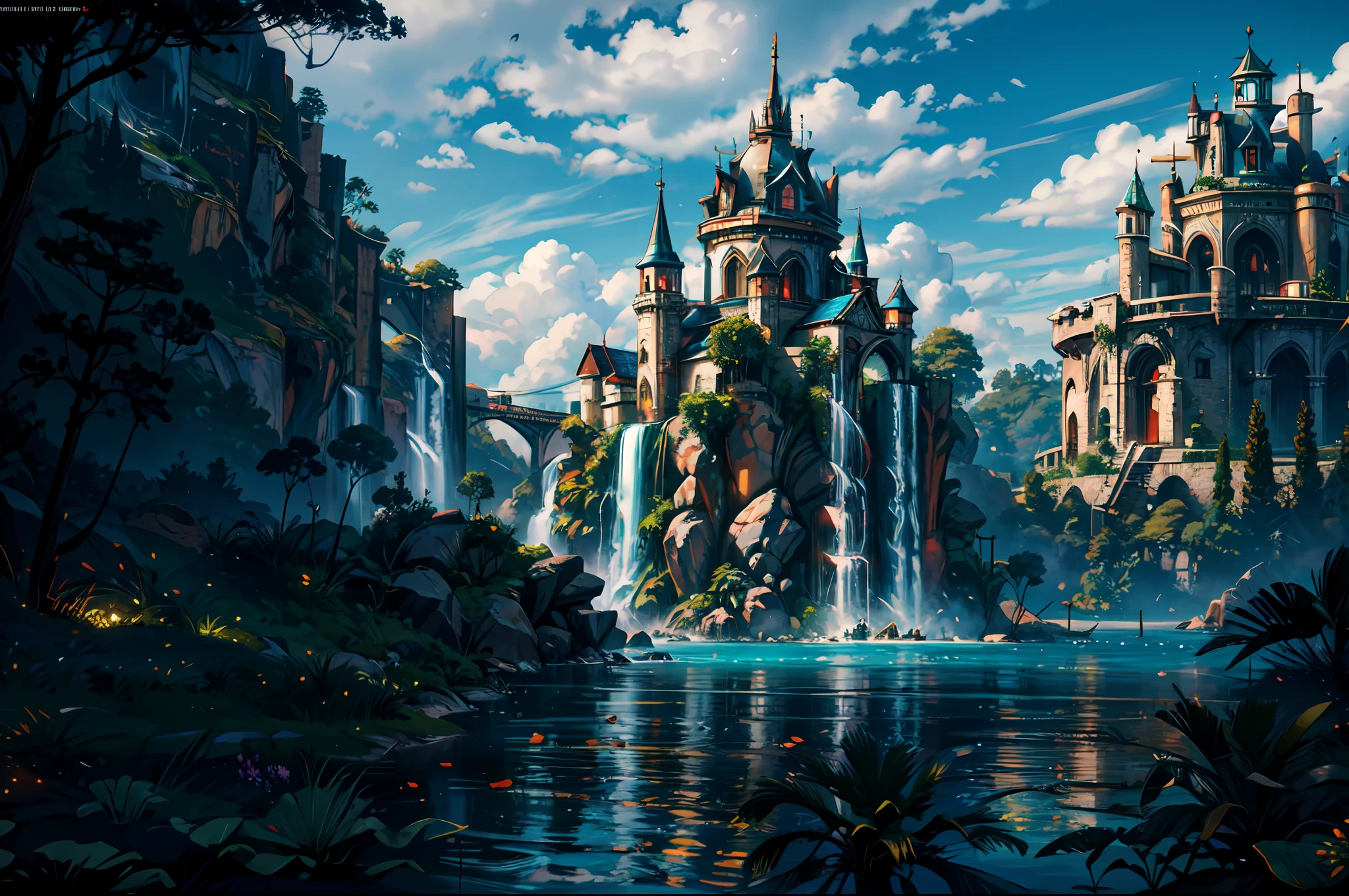 (Graphic illutration),from behind,1girl,(girl focus:0.6), standing and looking at the breath taking fantasy view of countless of flying island, waterfall, forest, otherworldly castle, rainbow,  dynamic angle, BREAK,Detailed,Realistic,4k highly detailed digital art,octane render, bioluminescent, BREAK 8K resolution concept art, realism,by Mappa studios,masterpiece,best quality,official art,illustration,ligne claire,(cool_color),perfect composition,absurdres, fantasy,focused,rule of thirds