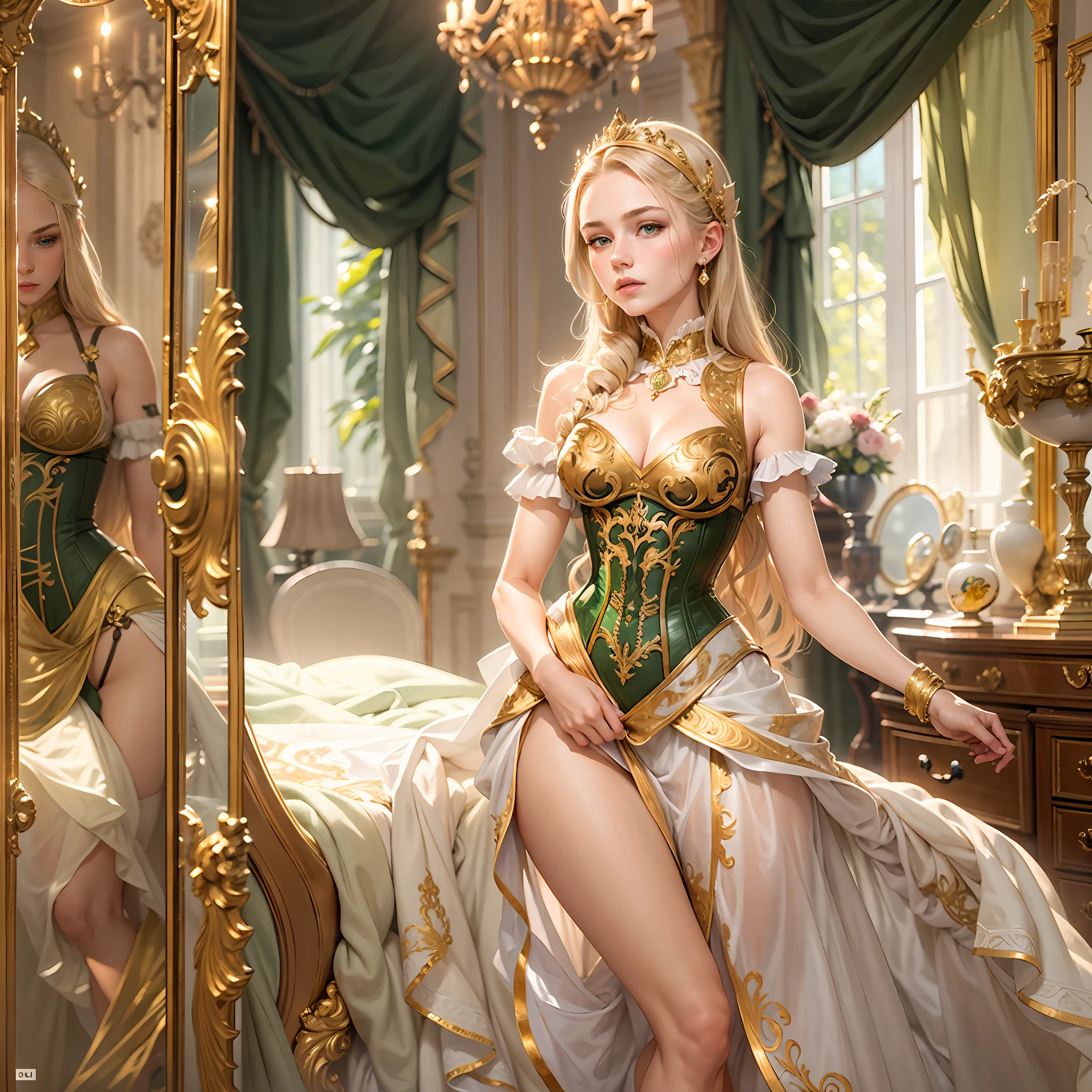 young girl, (20years old), Tall stature, athletic build, White Skin Skin, European noble face, closed mouth, blond hair, Green eyes, Straight nose, Big nose, pronounced cheekbones, Thin neck, noble clothes, gold dress with corset, Inside the ornate bedroom, near a large mirror, standingn.