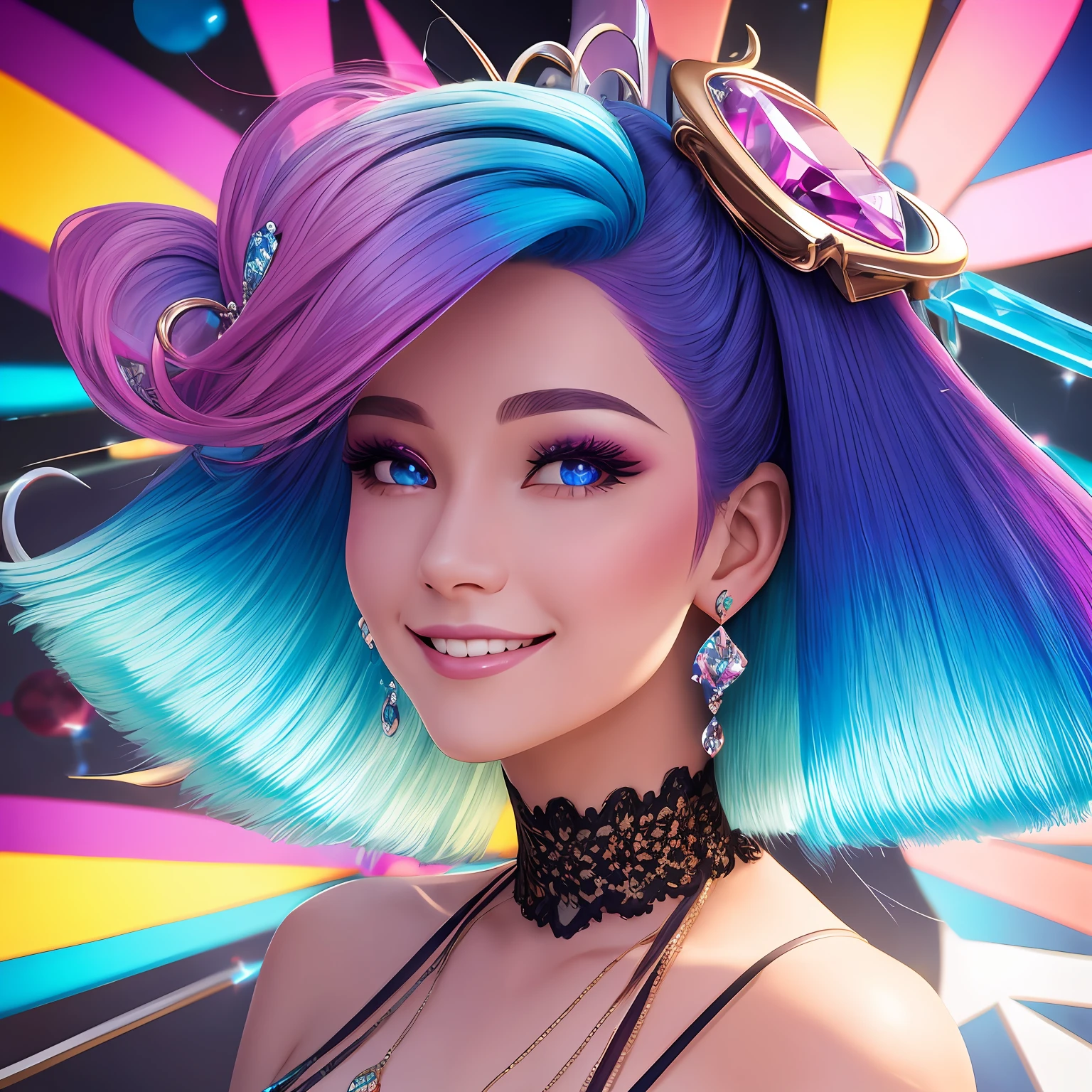 colored inner hair, hairpin, heart-shaped pupils, crystal earrings, light smile, Surrealism, drop shadow, bust chart, close-up, Wide-Angle, 8k, best quality, high details, ccurate, textured skin --auto