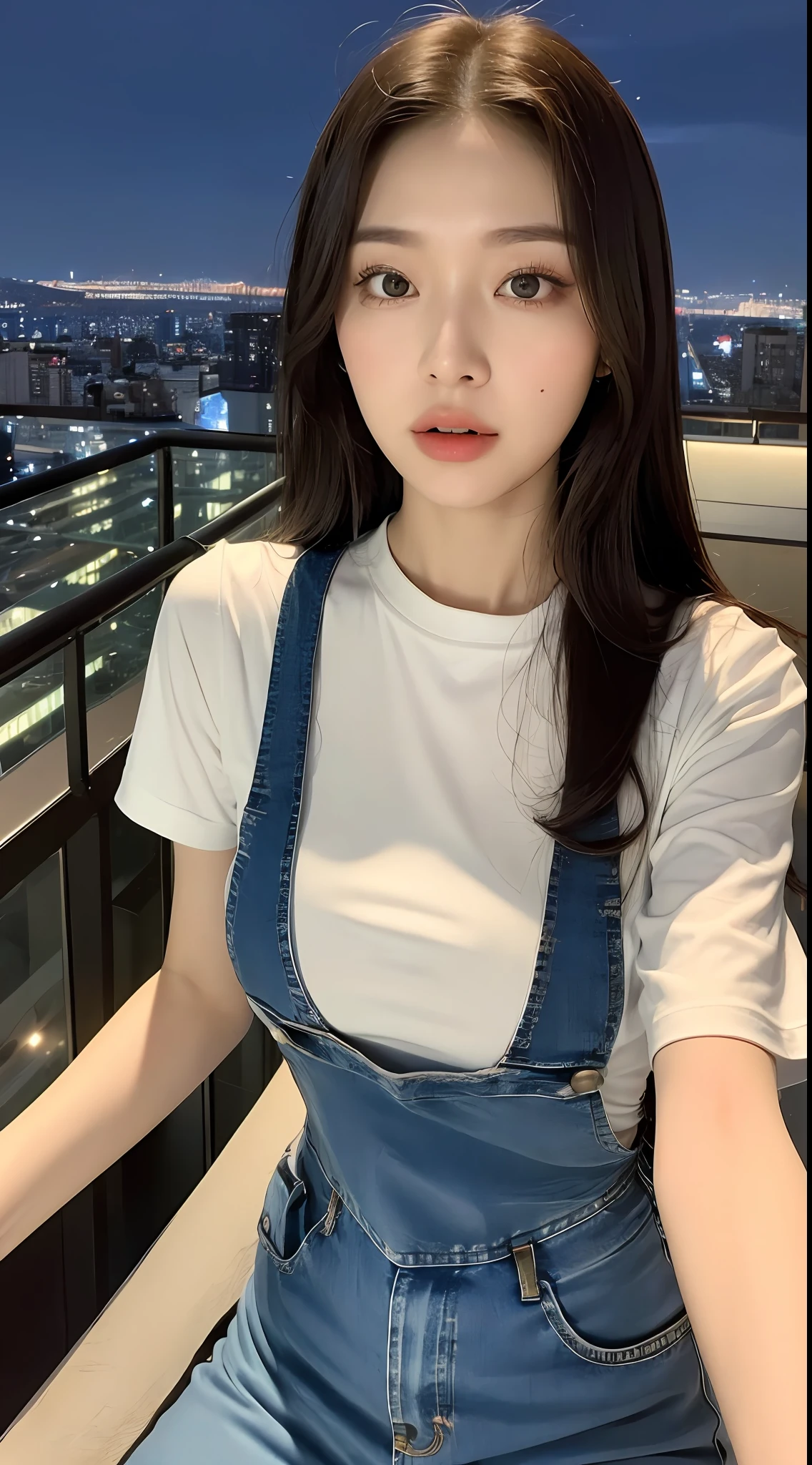 ((Midnight, Best quality, 8k, Masterpiece :1.3)), Whole body, Long legs, Sharp focus :1.2, A pretty woman with perfect figure :1.4, Slender abs :1.1, ((Dark brown hair, Big breasts :1.2)), (White tight tshirt, Jean bib, Standing:1.2), ((Night city view, Rooftop:1.3)), Highly detailed face and skin texture, Detailed eyes, Double eyelid