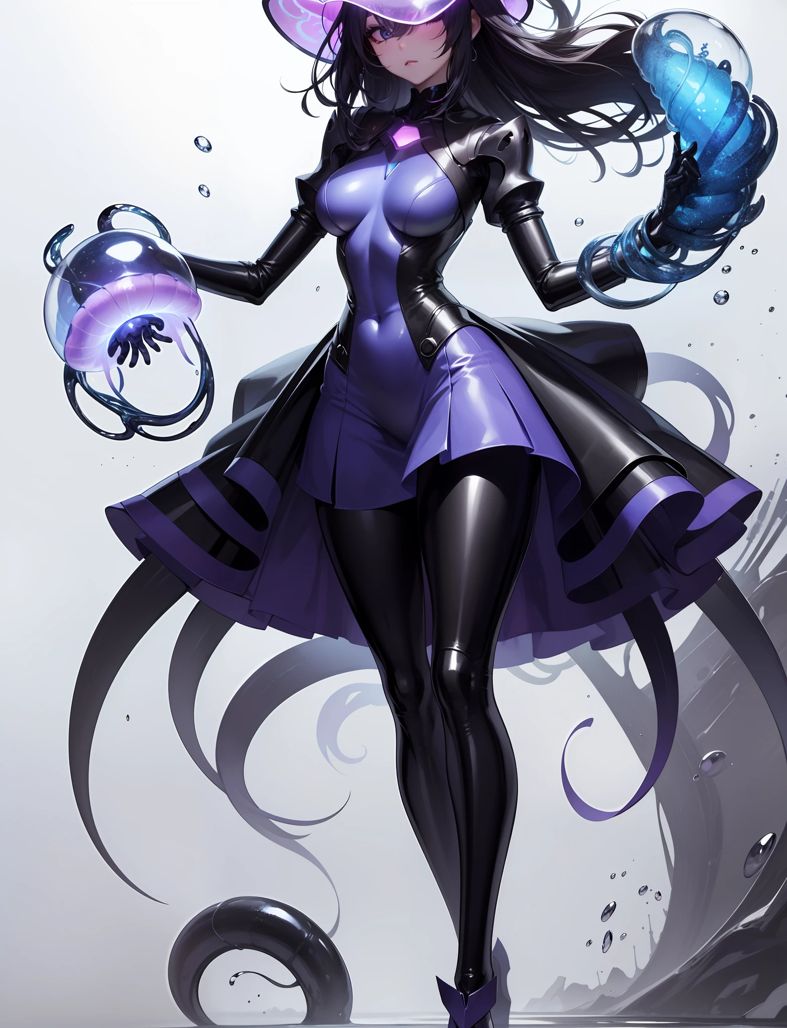 Girl with a fusion of clione and jellyfish. slime body. The whole body is translucent like jelly. She was wearing a bodysuit and Do not show skin. Alien Eyes. Tentacles from her head. Body lines that look like you're wearing a dress. Her sleeves are too long Her tentacles stick out of her sleeves. Full face helmet made of jellyfish、It covers her eyes, however、On her head is a shining crystal. Her chest glows. Robot-like eyes。