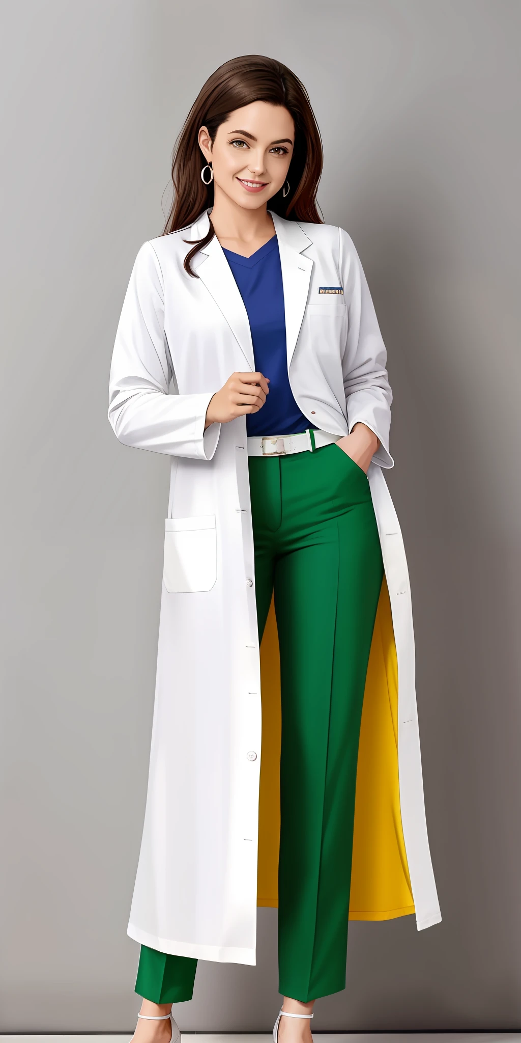a woman in white coat and green pants, sorridente, in the age group of 30 years, usando sapatos brancos que aparecem por inteiro, perfect hands held on the tip of the chin, corpo inteiro, (PERNAS INTEIRAS), usando sapatos brancos brilhantes, vestindo um jaleco sem emblemas e sem texto algum, 100% Branco, vestindo jaleco branco e blusa verde, sapatos scarpin brancos, 8k, UHD, Avental branco, Jaleco, White lab coat, jalecos, Jaleco, usando jaleco, jaleco e camiseta, vestindo jaleco, usando jaleco, roupas apenas nas cores verdes e brancas, com jaleco, uniforme de enfermeira, sapatos brancos