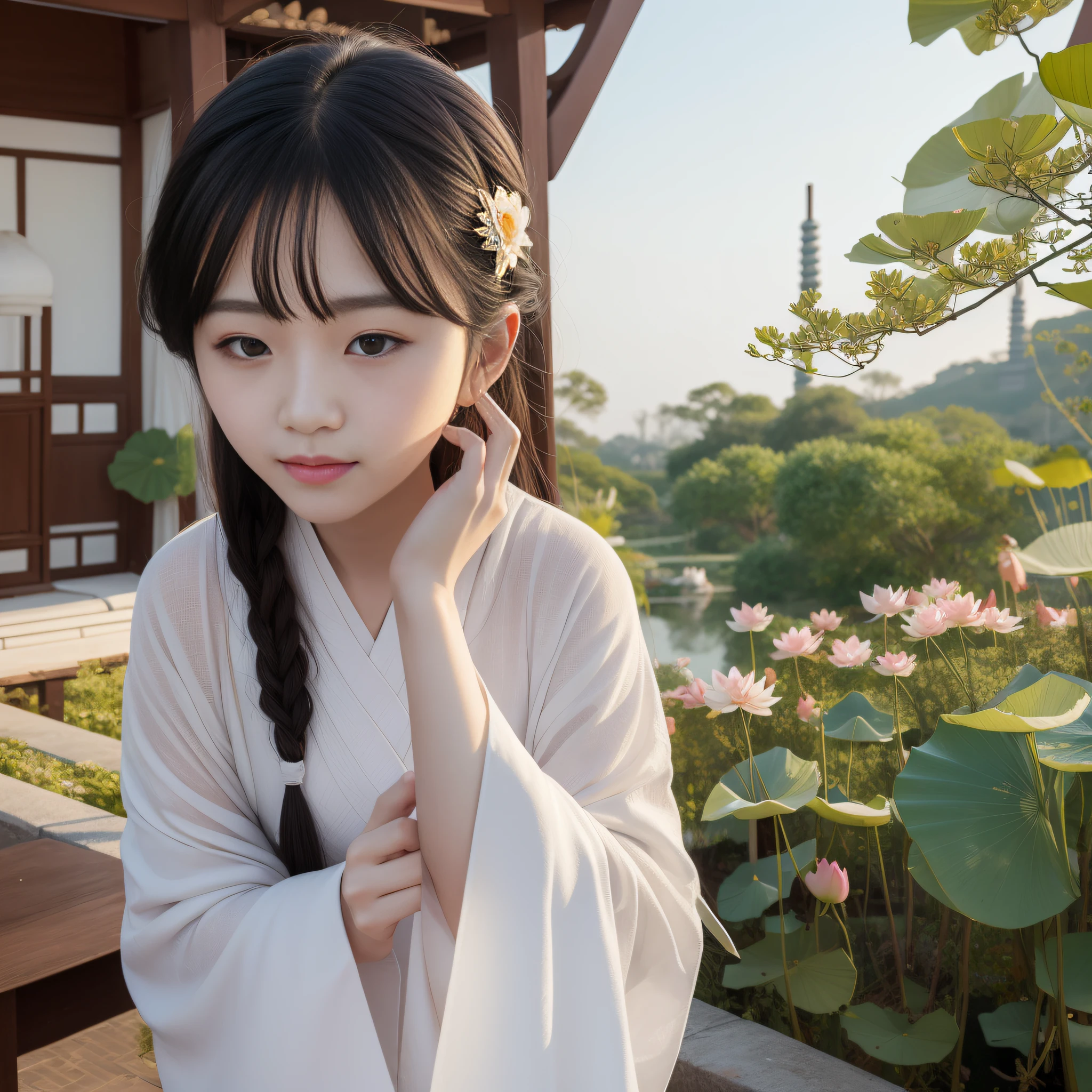 A crescent moon hangs on the edge of the eaves,The scent of lotus flowers is everywhere,Hanfu woman appreciates flowers, The poet inscribes and paints next to close-up shots