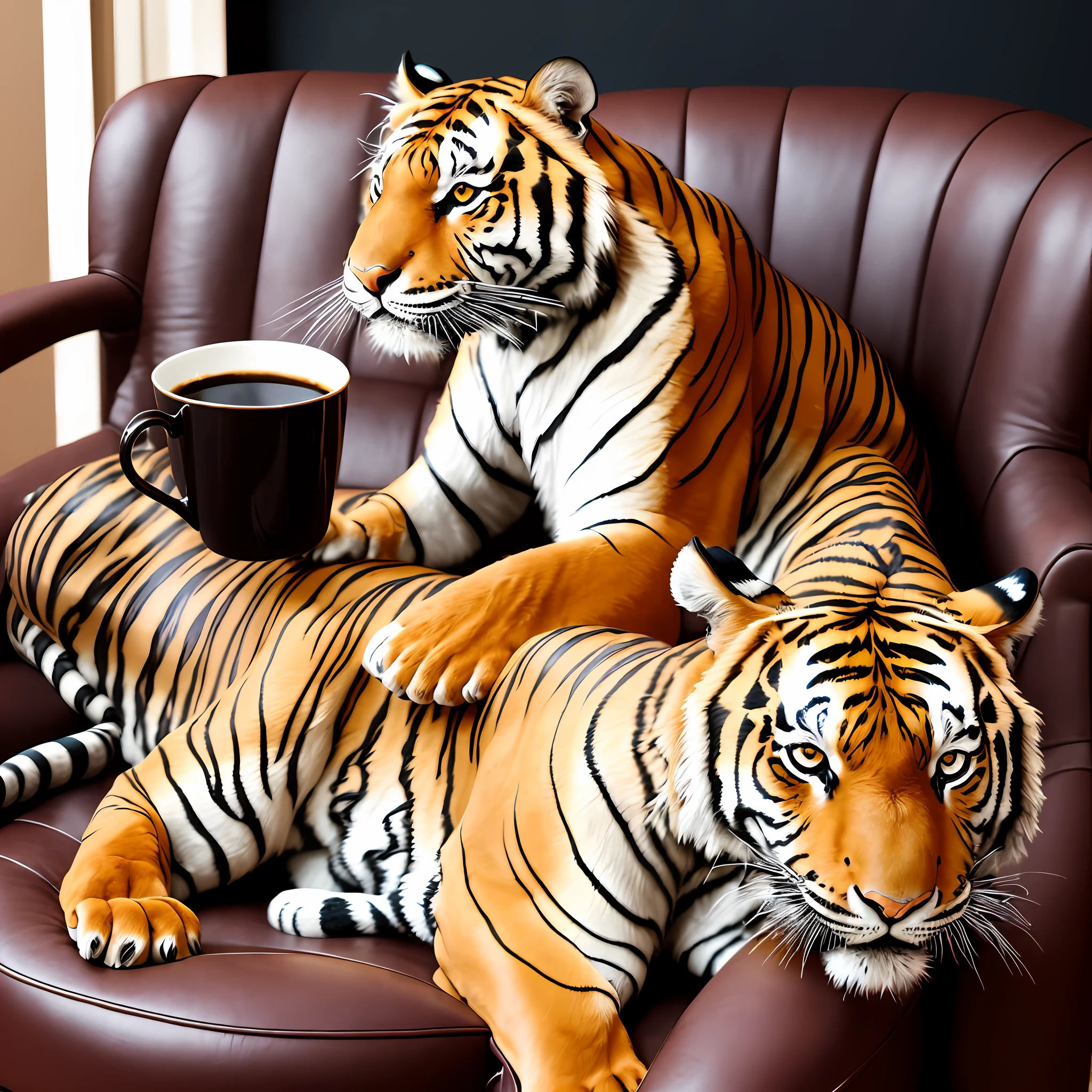 Tiger enjoining black cofy in the chair --auto