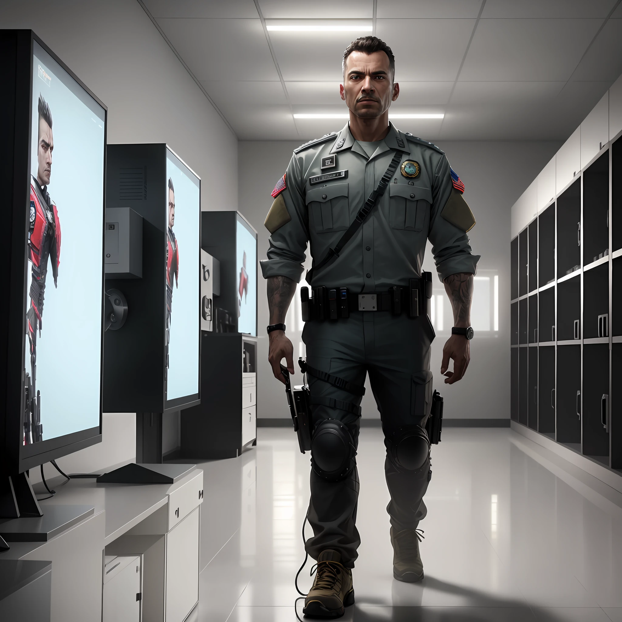 There is a man standing in a room with many computers, security agent, securityguard, security footage, 8 k cg render, inside a futuristic army base, HQ 8k varredura, securityguard, filme ainda 8K, detailed cinematic render, in futuristic laboratory room, Seguro para o trabalho. cinemactic, sentado em um centro de controle, photorealistic cinematic render