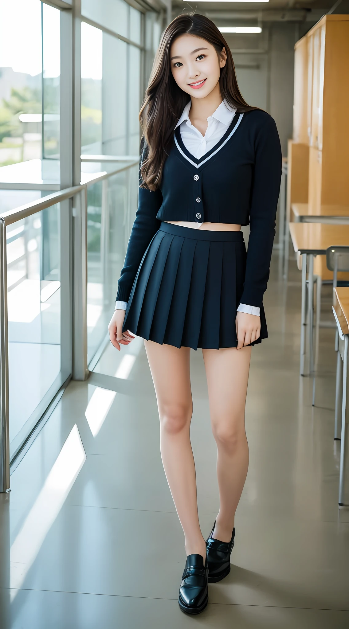 "Generate hyperreality, Highly detailed, and high-resolution images of school beauties standing in a school environment. She should be the epitome of youthful charm and elegance, The school uniform fits her figure perfectly. Her hair should be styled at will, But beautiful, Add to her charm. She was supposed to wear a short skirt as part of a Japanese high school uniform, Show off her novels, Fair legs. Her face should be meticulous, It has beautiful and refined features, She deserves a warm smile. She should have a big bust, Increase her charm. The background should be a random school setting, Desks and other elements are full, a chair, Lockers, or blackboard. The lighting should be natural, Flows in from the window, Cast a soft glow on her. The colors should be vibrant yet natural, Enhance the overall atmosphere of the image. The composition should be balanced, The beauty of the campus takes center stage.”