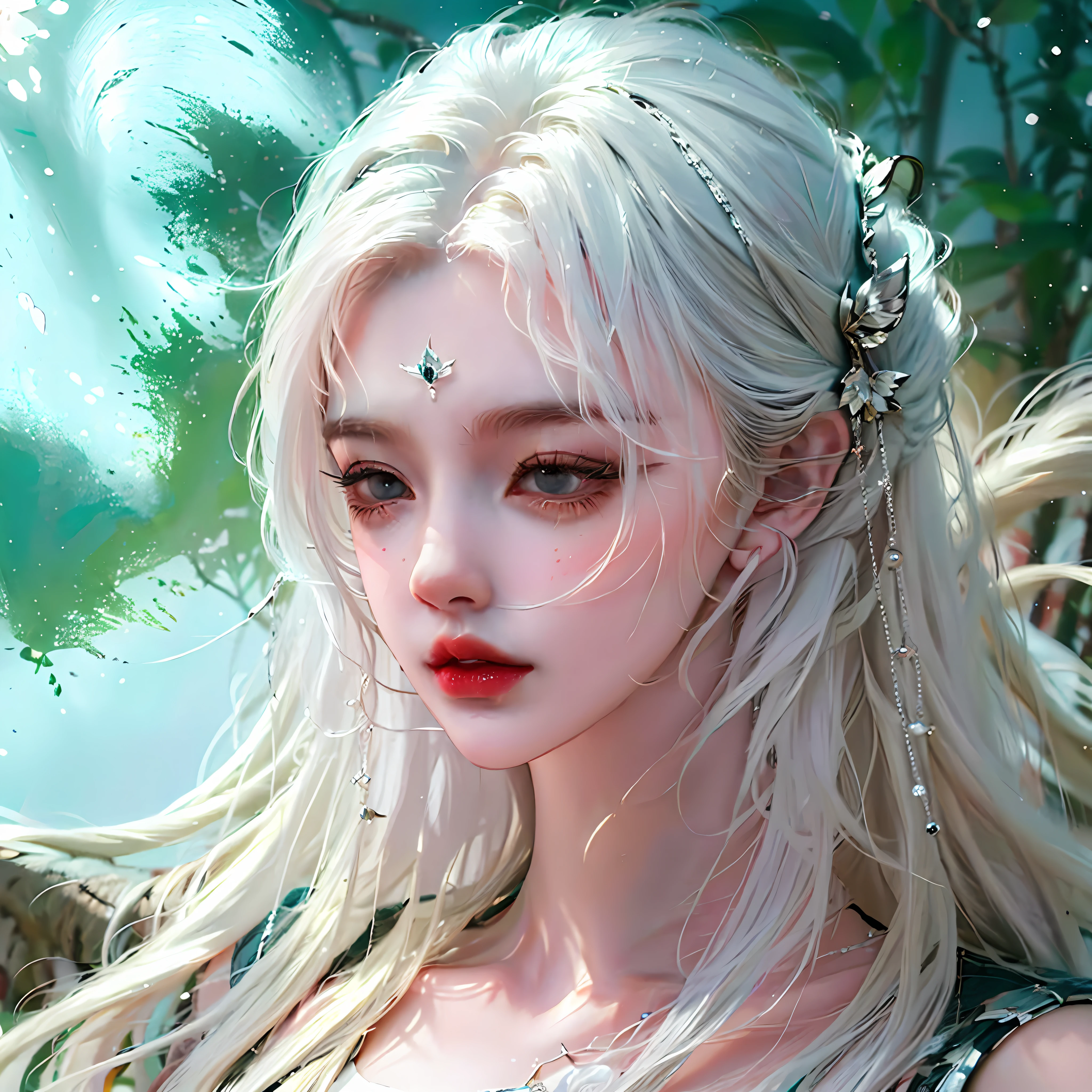 teens girl，White color hair，Long hair，Exquisite facial features，Ancient wind，Dingdall effect，Halo