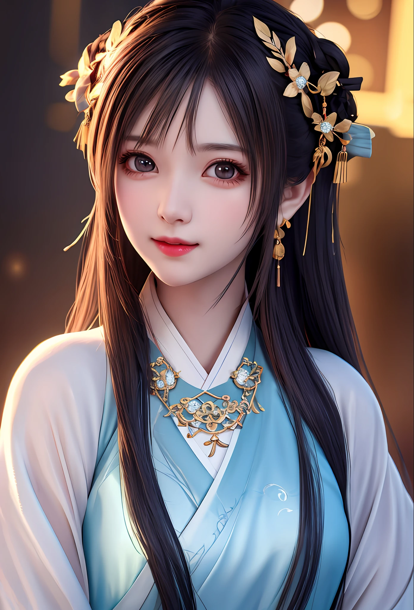 best quality, masterpiece, highres, 1girl,blush,(seductive smile:0.8),star-shaped pupils,china hanfu,hair ornament,necklace, jewelry,Beautiful face,upon_body, tyndall effect,photorealistic, dark studio, rim lighting, two tone lighting,(high detailed skin:1.2), 8k uhd, dslr, soft lighting, high quality, volumetric lighting, candid, Photograph, high resolution, 4k, 8k, Bokeh