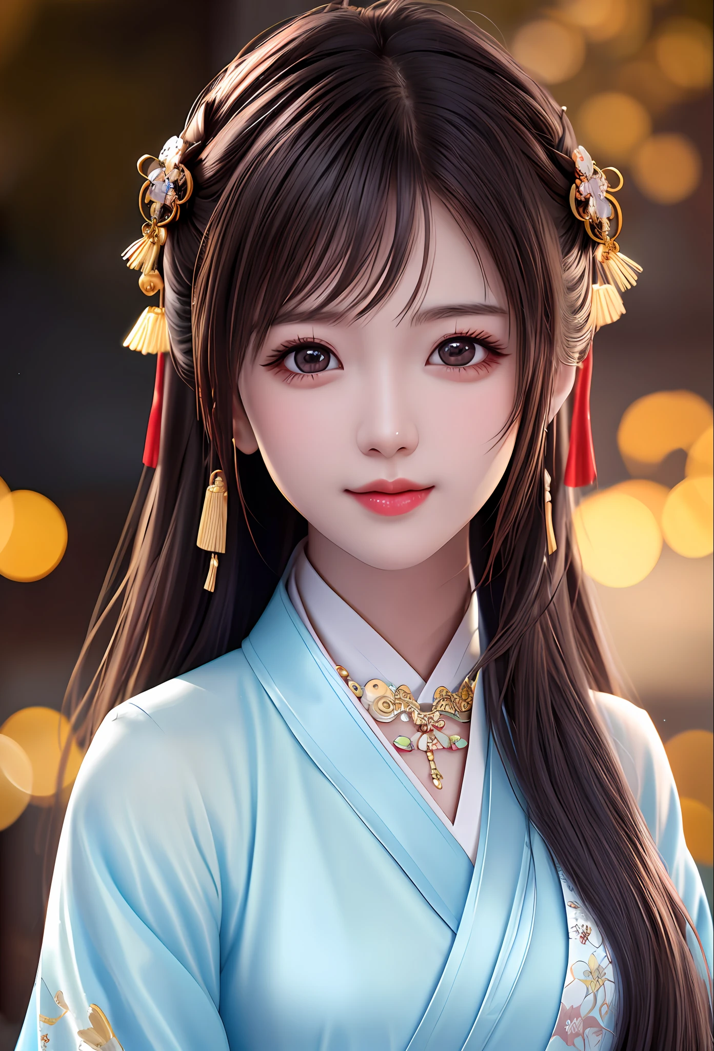 best quality, masterpiece, highres, 1girl,blush,(seductive smile:0.8),star-shaped pupils,china hanfu,hair ornament,necklace, jewelry,Beautiful face,upon_body, tyndall effect,photorealistic, dark studio, rim lighting, two tone lighting,(high detailed skin:1.2), 8k uhd, dslr, soft lighting, high quality, volumetric lighting, candid, Photograph, high resolution, 4k, 8k, Bokeh