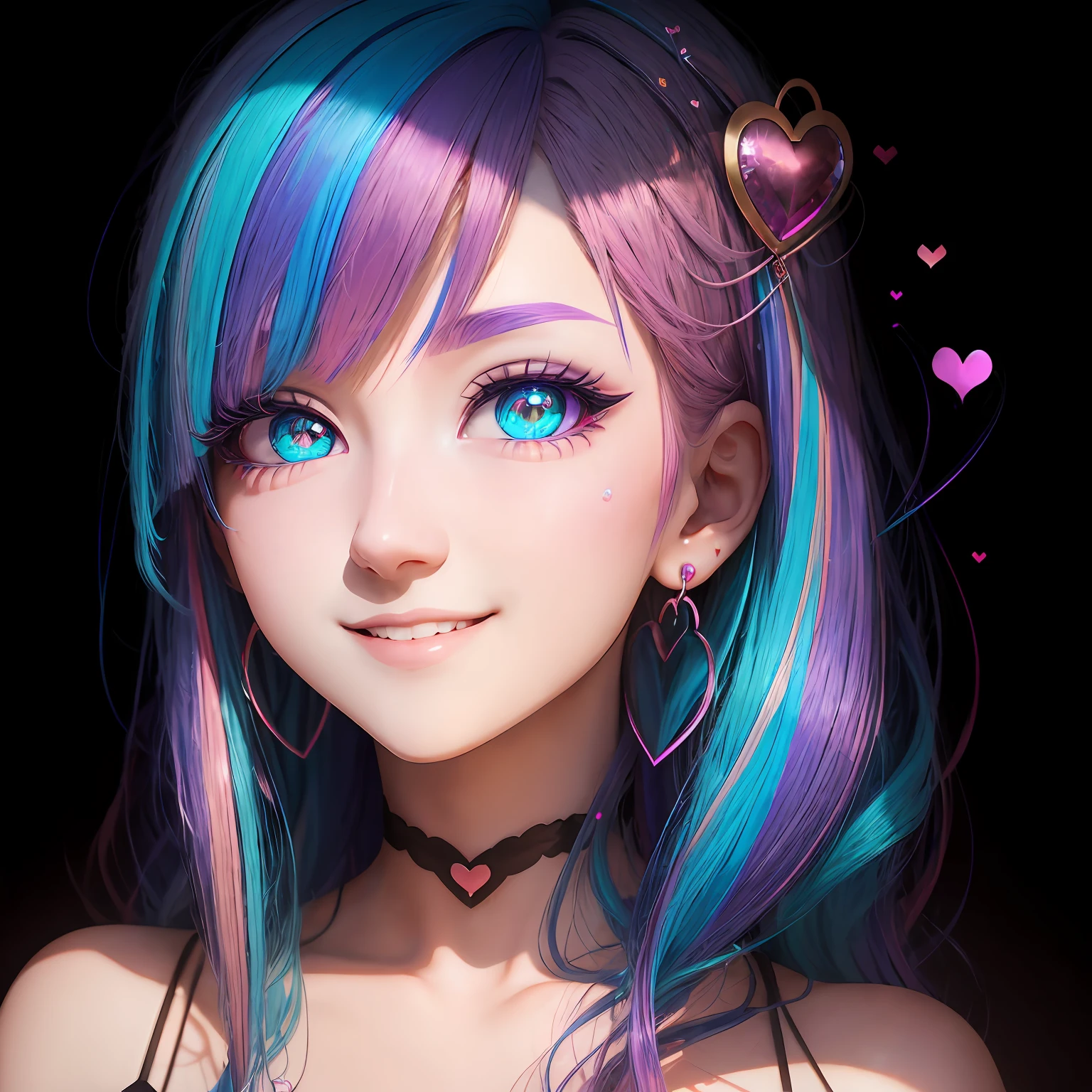 colored inner hair, hairpin, heart-shaped pupils, crystal earrings, light smile, Surrealism, drop shadow, anaglyph, stereogram, tachi-e, pov, atmospheric perspective, 8k, super detail, ccurate, best quality, high details, ccurate, textured skin --auto
