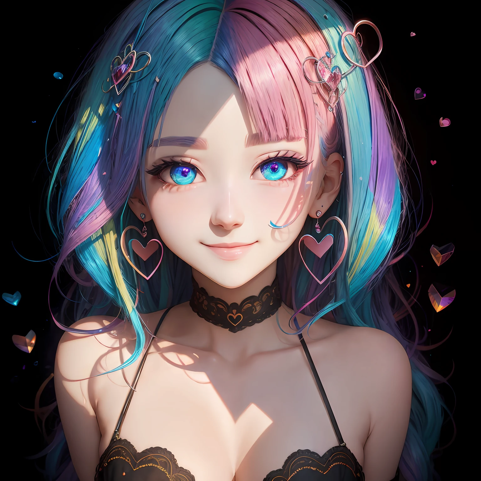 colored inner hair, hairpin, heart-shaped pupils, crystal earrings, light smile, Surrealism, drop shadow, anaglyph, stereogram, tachi-e, pov, atmospheric perspective, 8k, super detail, ccurate, best quality, high details, ccurate, textured skin --auto