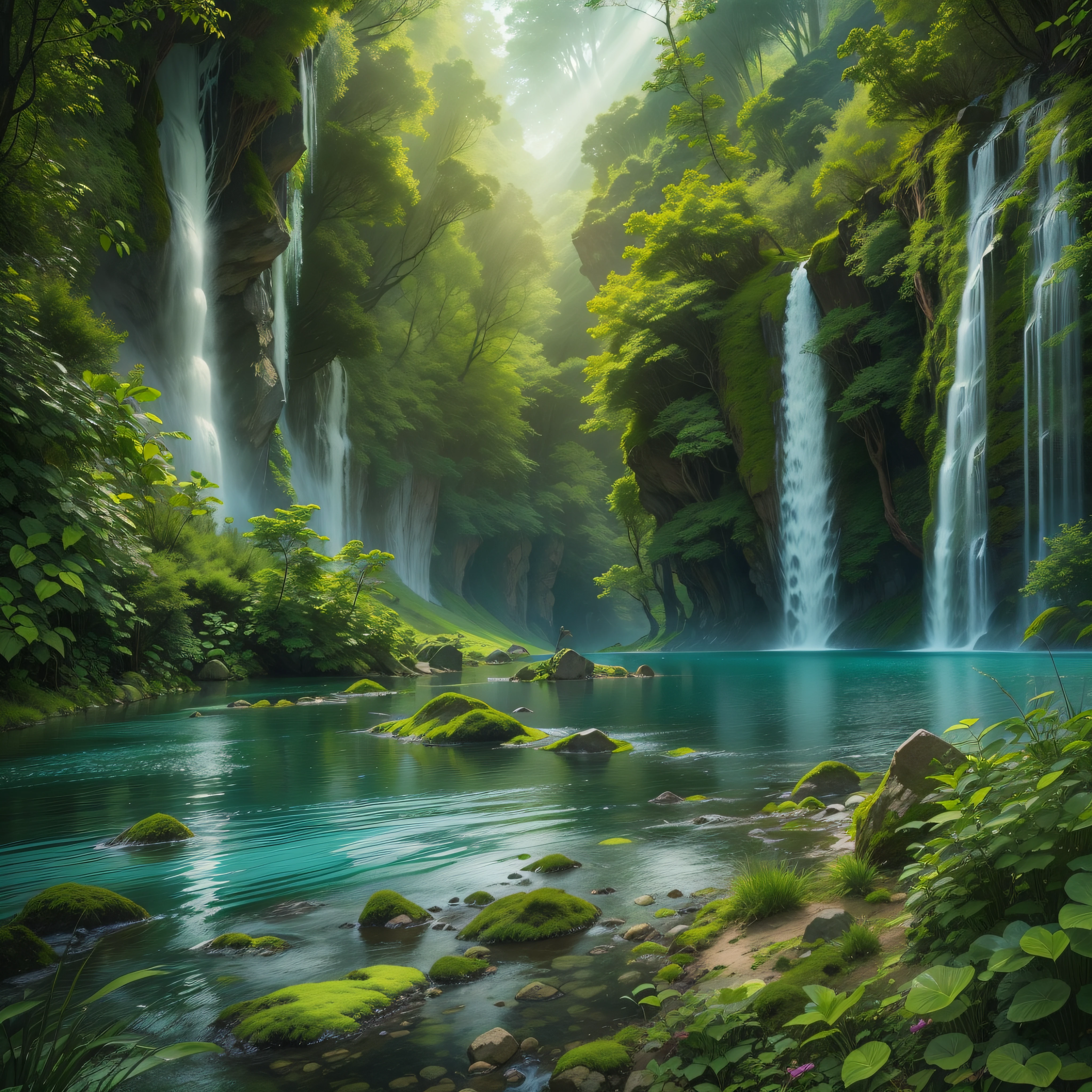 shows an impressive landscape where water flows majestically. Its crystalline streams feed lush vegetation and bring life to diverse living creatures. The image captures the beauty and vitality that water brings to our world, reminding us of its importance to our existence.