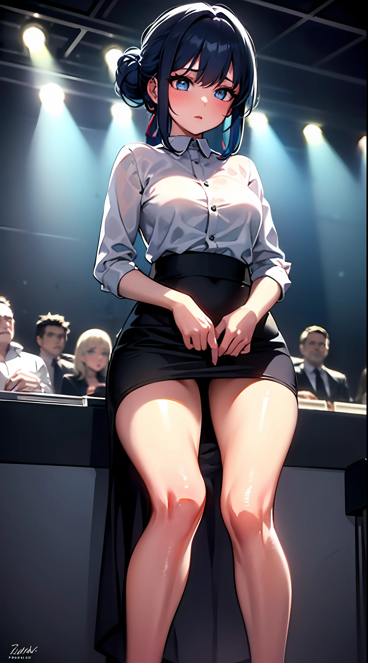 ((masterpiece)), (best quality), (detailed), (1girl), blue hair, blue eyes, updo, white shirt, black dress, looking down on the audience
