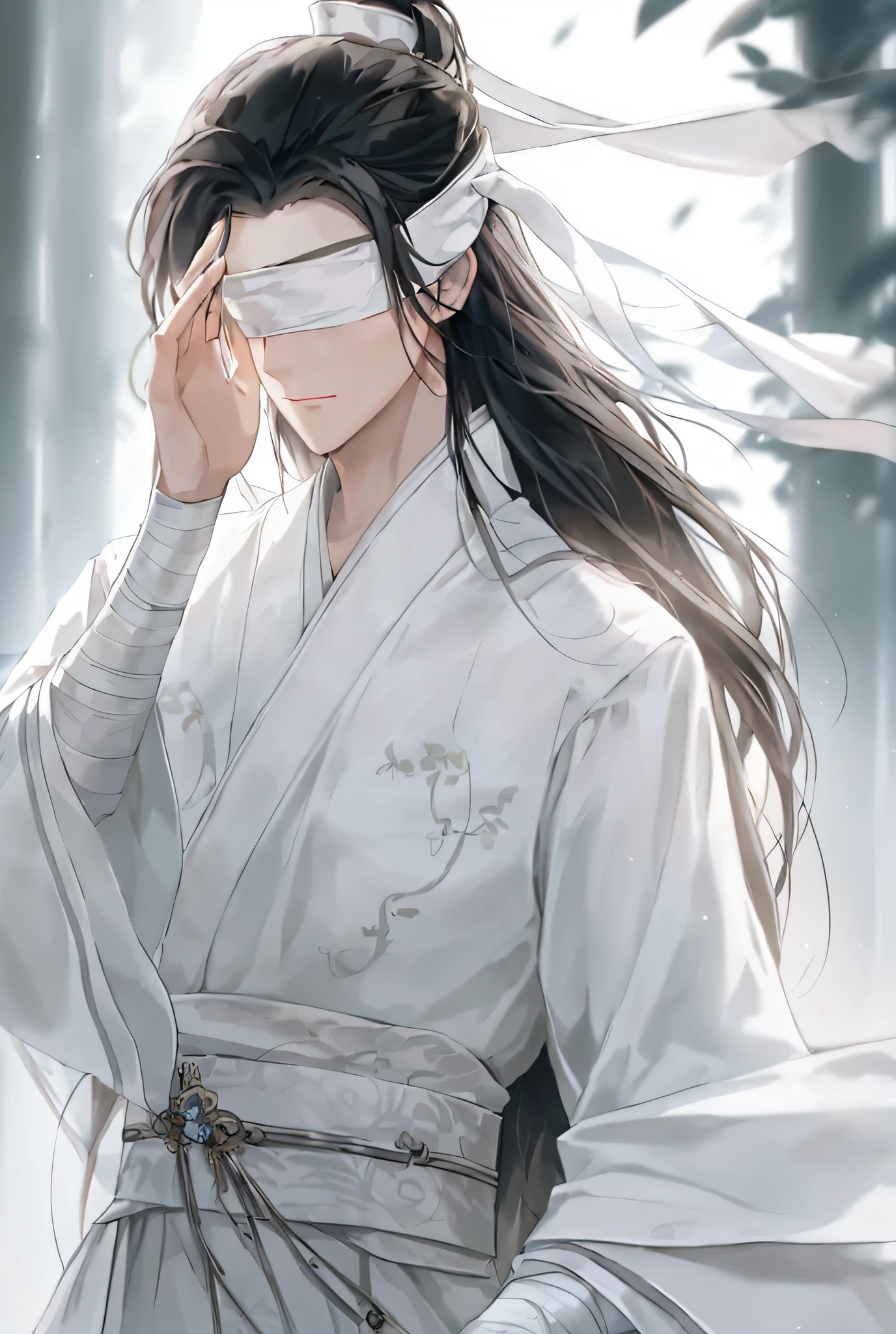 anime girl with blindfold and white dress in a forest, flowing hair and long robes, flowing white robes, inspired by Guan Daosheng, white hanfu, inspired by Bian Shoumin, inspired by Wu Daozi, long flowing white robe, beautiful male god of death, heise jinyao, full body wuxia, delicate androgynous prince