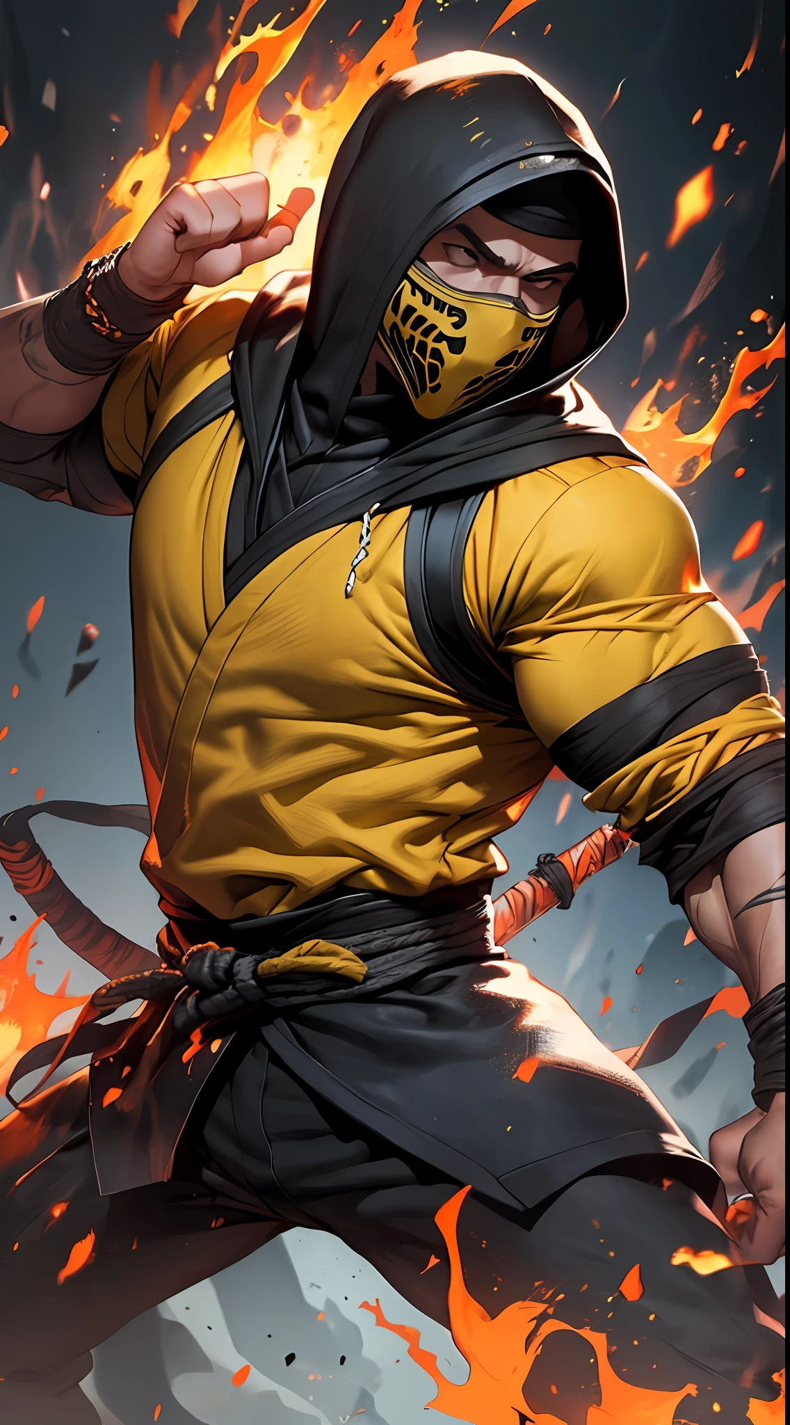 4k, wallpaper, 1 man, solo, Scorpion, mortal kombat, tall, muscular, hunk, yellow and black face mask, kunai spear weapon, wearing orange-ish yellow and black ninja clothes, yellow fabric hood, fire in the background, upper body shot, fighting stance, best quality:1.2, high resolution:1.2, masterpiece, low camera angle, detailed outfit, shadows, volumetric lighting, landscape of hell in the background