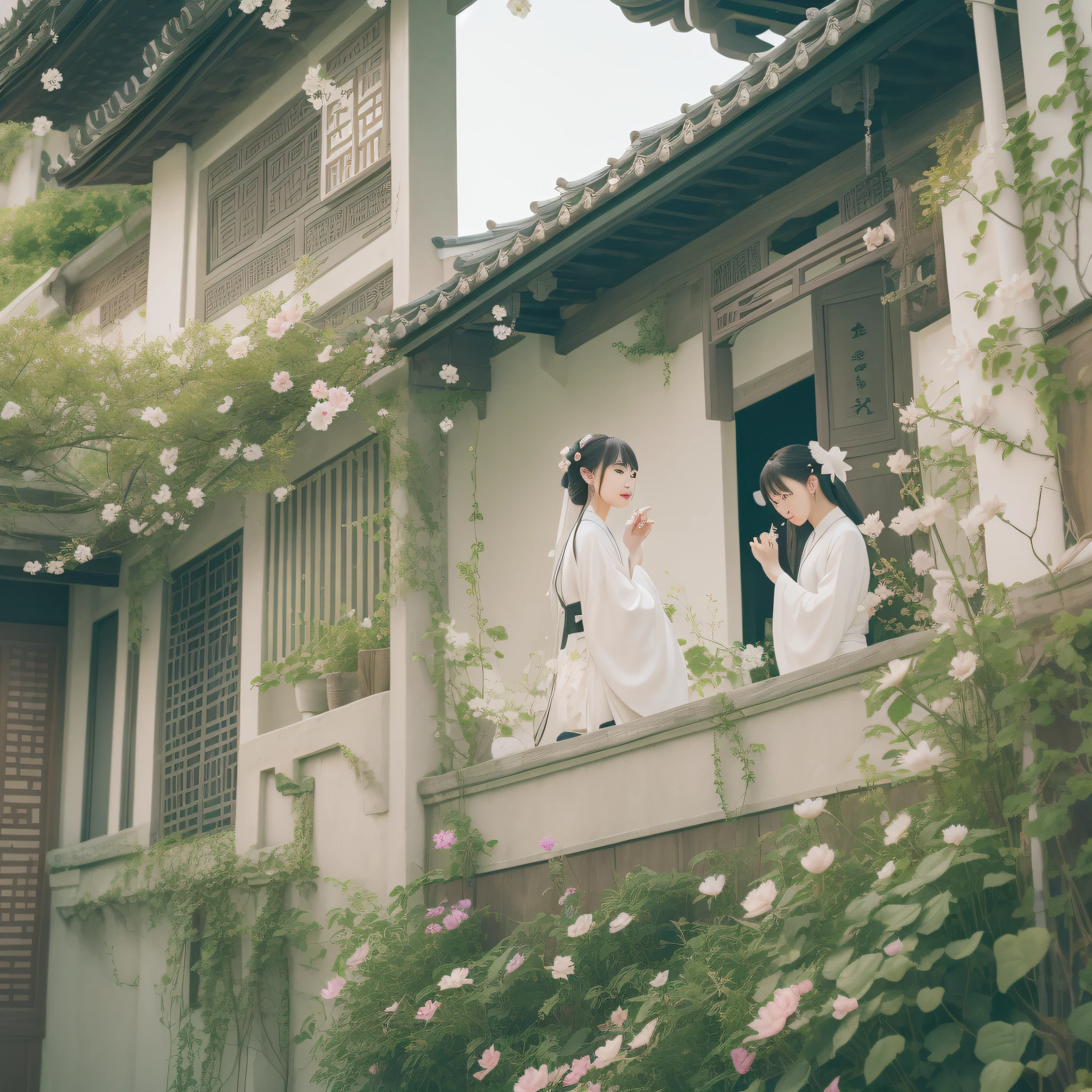 The crescent moon hangs clearly under the eaves、The aroma is everywhere、Lotus flowers bloom、The Hanfu woman carefully admired the flowers、Next to him is a poet who is drawing poetry。