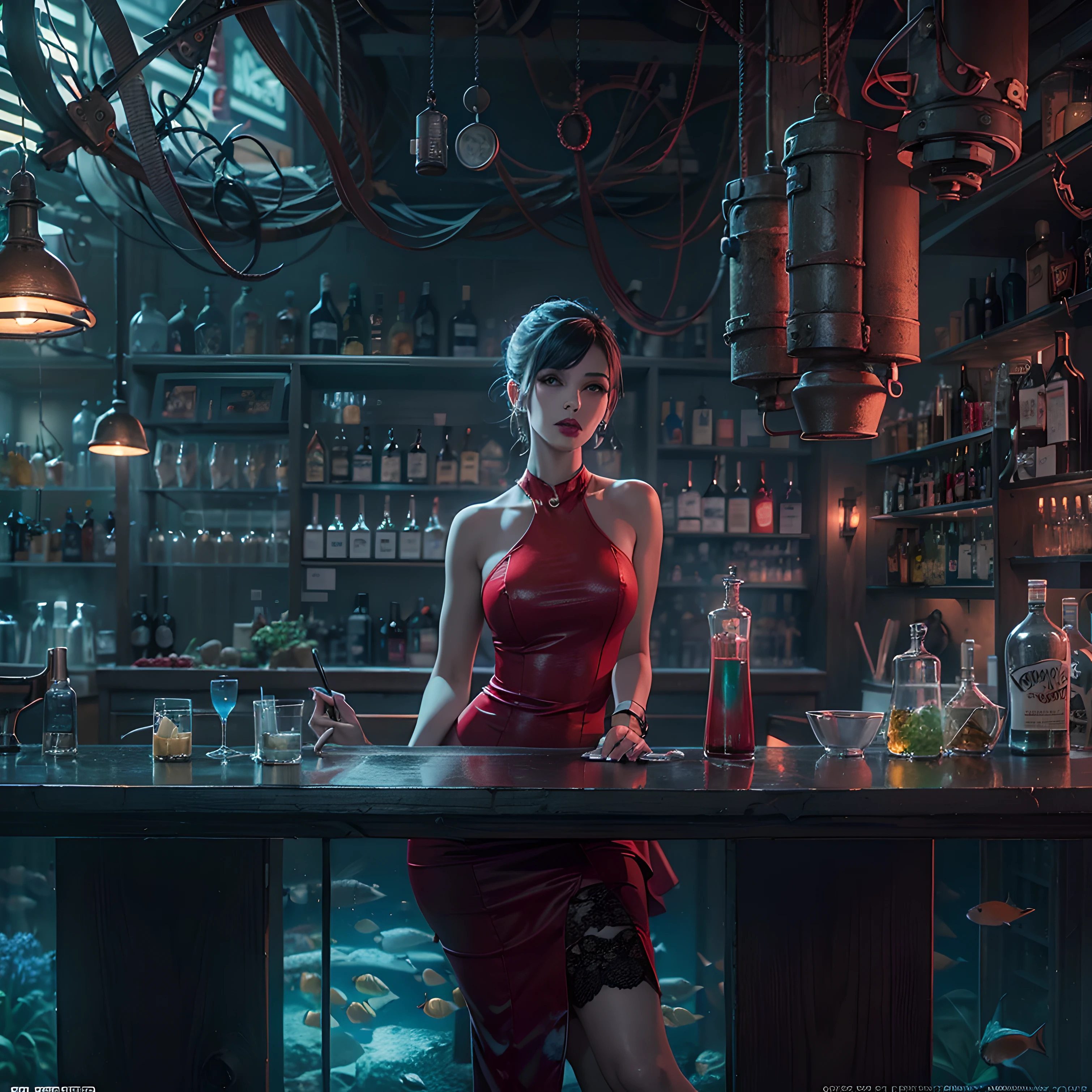 (((Front cover:1.7))), cover story , article , interview , (Fauget style use a greyish-green colour Large font), create a readable headline , ((Cyrillic and kanji lettering)). Paragraphs , Large Headline, Title , Vogue , Magazine cover. Nier Automata, Final Fantasy 7 Remake, Final Fantasy XVI , Overwatch, A woman like Tifa or 2B wearing a red dress and red lipstick, red lips, pout ,scowl , ((red dress)), classy dress, glamourous dress , simple dress , beautiful jewellery, sophisticated design , chic accessories, sitting, ((legs crossed)) , holding a blue drink, Blue Margarita ,Daphne Martini , blue alcohol , blue soda. The bar must be a ((modern industrial bar with grey stained pine)). (grey wood),Bar has a neon sign, RGB lights, speakers , beautiful light fixture, dark atmosphere ,illumination by light , the bar has industrial grade ventilation shafts , metal beams , dark colours bar, industrial colour pallet , grey , black , bricks , metal , Night club , club . Background: glass to see fish , ((viewing window to see fish)) , Best quality underwater bar scenery , ultra-detailed and realistic, musk grass, pondweed, kelps, fantasy plants , glowing plants, see through fish , tropical fish, otherworldly atmosphere, surreal, add volumetric lighting, create a sense of wonder. HDR, OLED ,Wallpaper , Headline , Front cover , Crimson Red , Candy Apple Red , reflections, High detail , ray tracing, unreal engine 5 volumetric lighting , god rays . pristine concept art, resine figure, deviantart artstation cgscosiety, dominatrix assassin robot, octane trending on cgsociety, stunning cgsociety, pristine.Bar is Raw, Rustic, Textured, Shadowy, Dimly lit , Mysterious. Dark themed bar only using dark colours to contrast foreground in black. Text , paragraphs , logo , Front cover , Head line , Photography , various poses.(nfsw:1.9), (Background aquarium :1.3), (((Candy apple Red dress : 2))) ,(((Masterpiece)))),(((Highest image quality))),((((Ultra)),((Front cover: 1.7)).