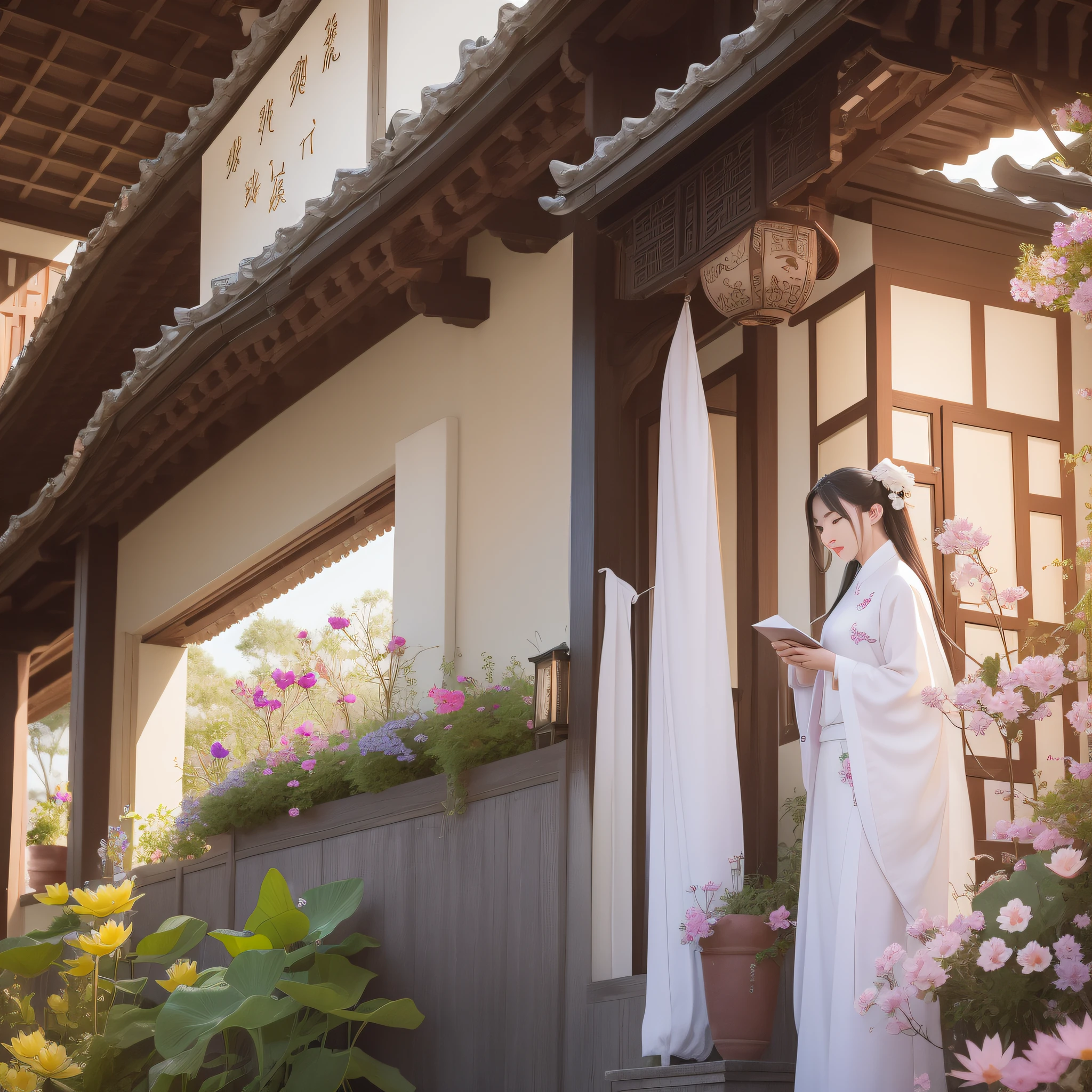 The crescent moon hangs clearly under the eaves、The aroma is everywhere、Lotus flowers bloom、The Hanfu woman carefully admired the flowers、Next to him is a poet who is drawing poetry。