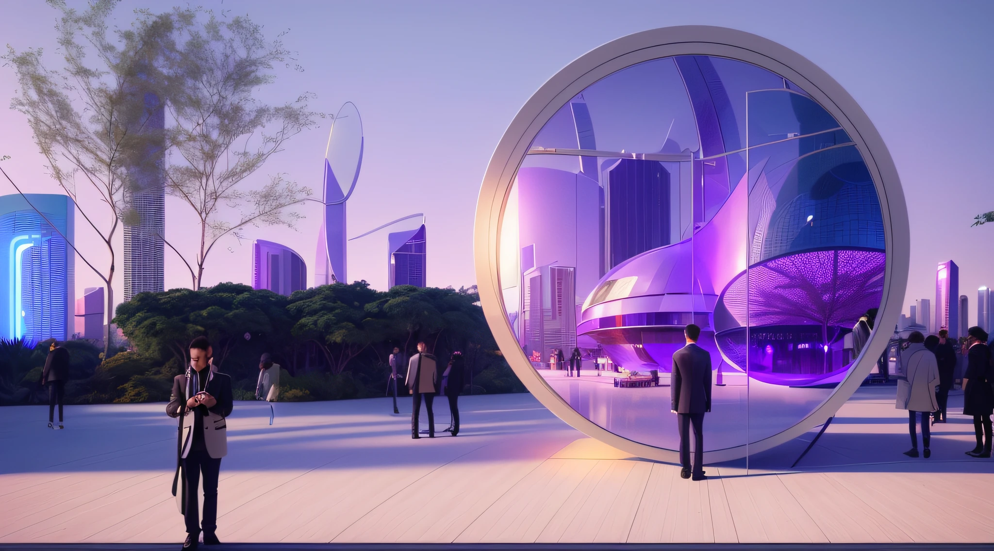 A man stands in front of a mirror in the public place, humans sleeping in healing pods, photographic render, conceito, photorender, conceptual rendering, architectural concepts, a digital rendering, healing pods, looking in front, sao paulo in the year 2 0 7 0, purple future city, architecture visualization, rounded architecture, in a cyberpunk garden, concept photo