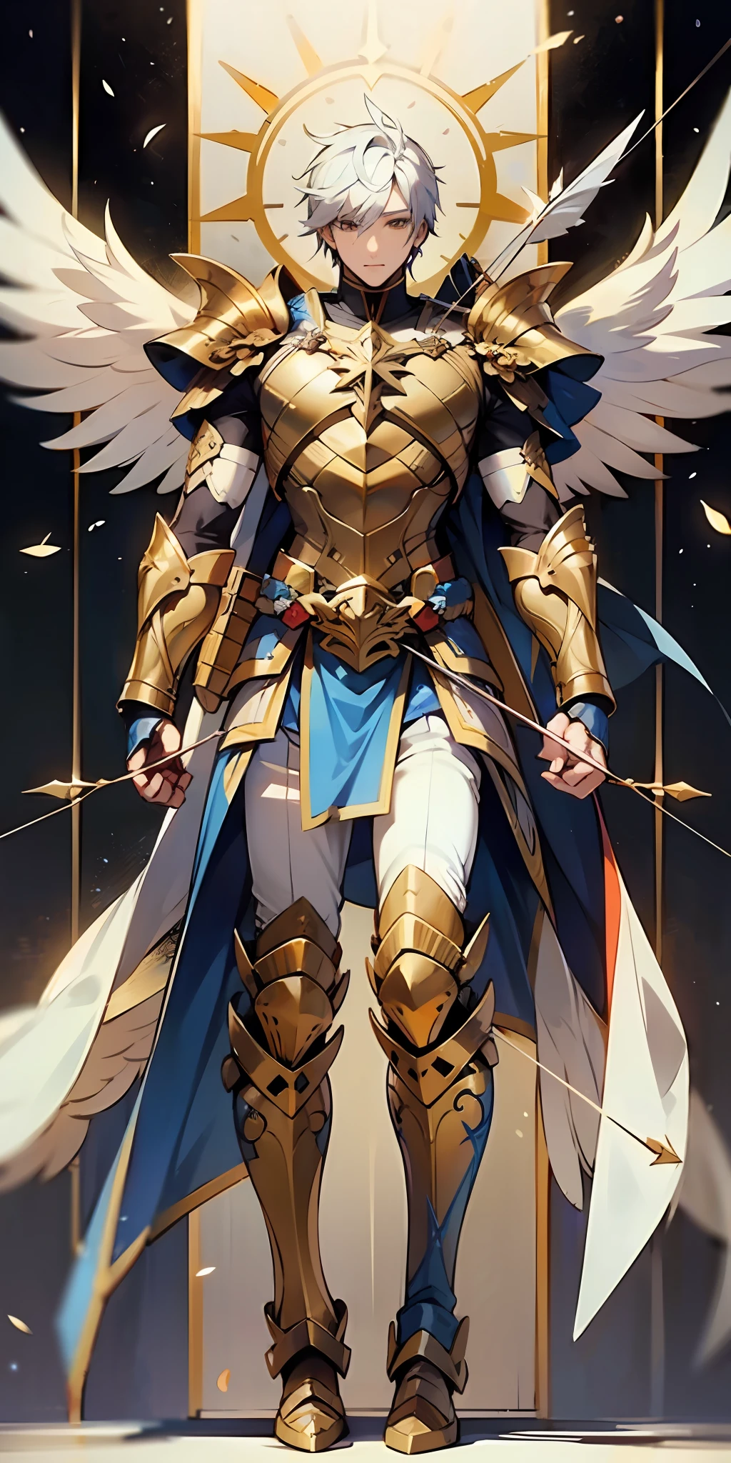 ((male god)) with ((4 of wing)), shooting arrow, god bow, white adamantium scale armor, fly on sky, full body shot, seraphim