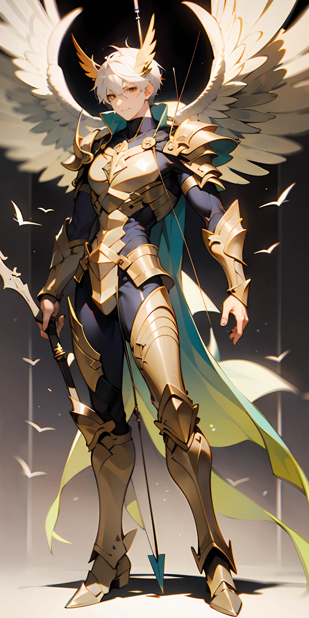 ((male god)) with ((4 of wing)), shooting arrow, god bow, white adamantium scale armor, fly on sky, full body shot, seraphim