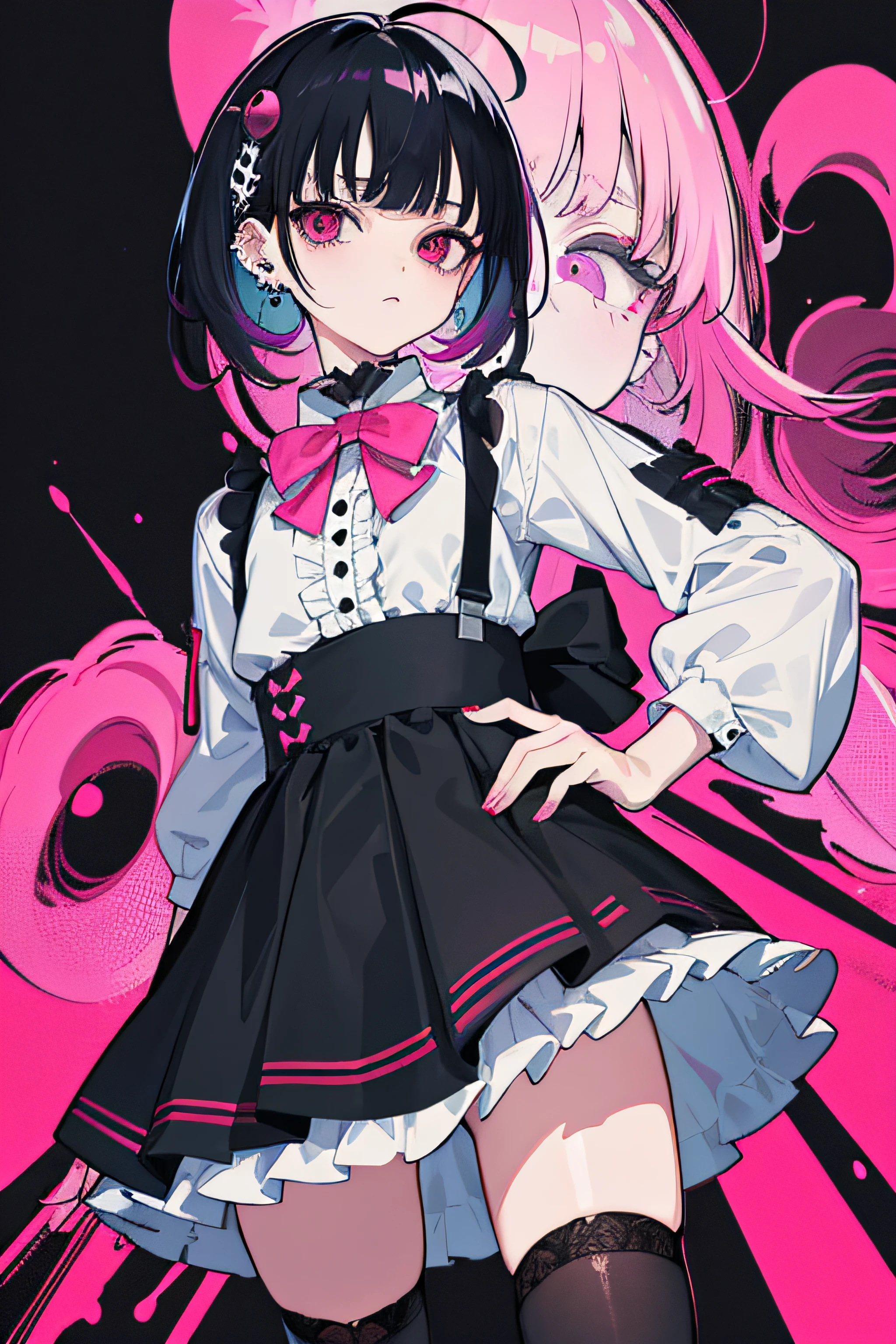 (Masterpiece, Award winning , Best Quality:1.2), art by Shintaro Kago, solo, menhera, Yamikawa Punk, jirai kei, (jirai kei fashion:1.1), detailed face, pink eyes, white Blouse, Frills, Skirts, Various accessories, (ear piercing), Japanese subculture, fashion, grunge, noise pop, Manic, punky style, (Akihabara:1.1), Stockings, colorful, pink theme, (Dark circles:1.2), 16k, UHD, HDR,(Masterpiece:1.5), (best quality:1.5),