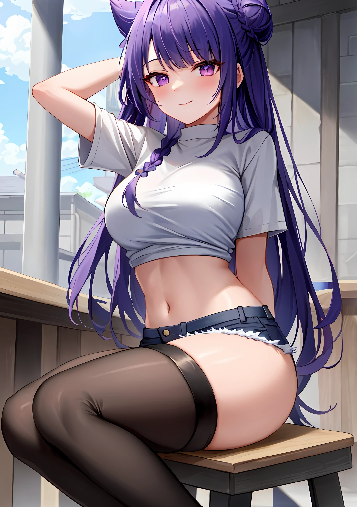 (masterpiece, best quality, ultra-detailed), Raiden shogun \(genshin impact\), (purple hair), cone hair bun, twin tails, long hair, swept bangs, braid, braided bangs, purple eyes, pink eyes,
(wearing a t-shirt:1.2), sitting on a chair outside of caf, embracing the natural beauty, sunlight, beautiful cloudy sky, city, street, denim shorts, black stocking,
medium breasts, thick thighs, critical angle, cowboy shot, arm behind head, arm behind back, armpits, light smile, crop top, strong and seductive expressions,,