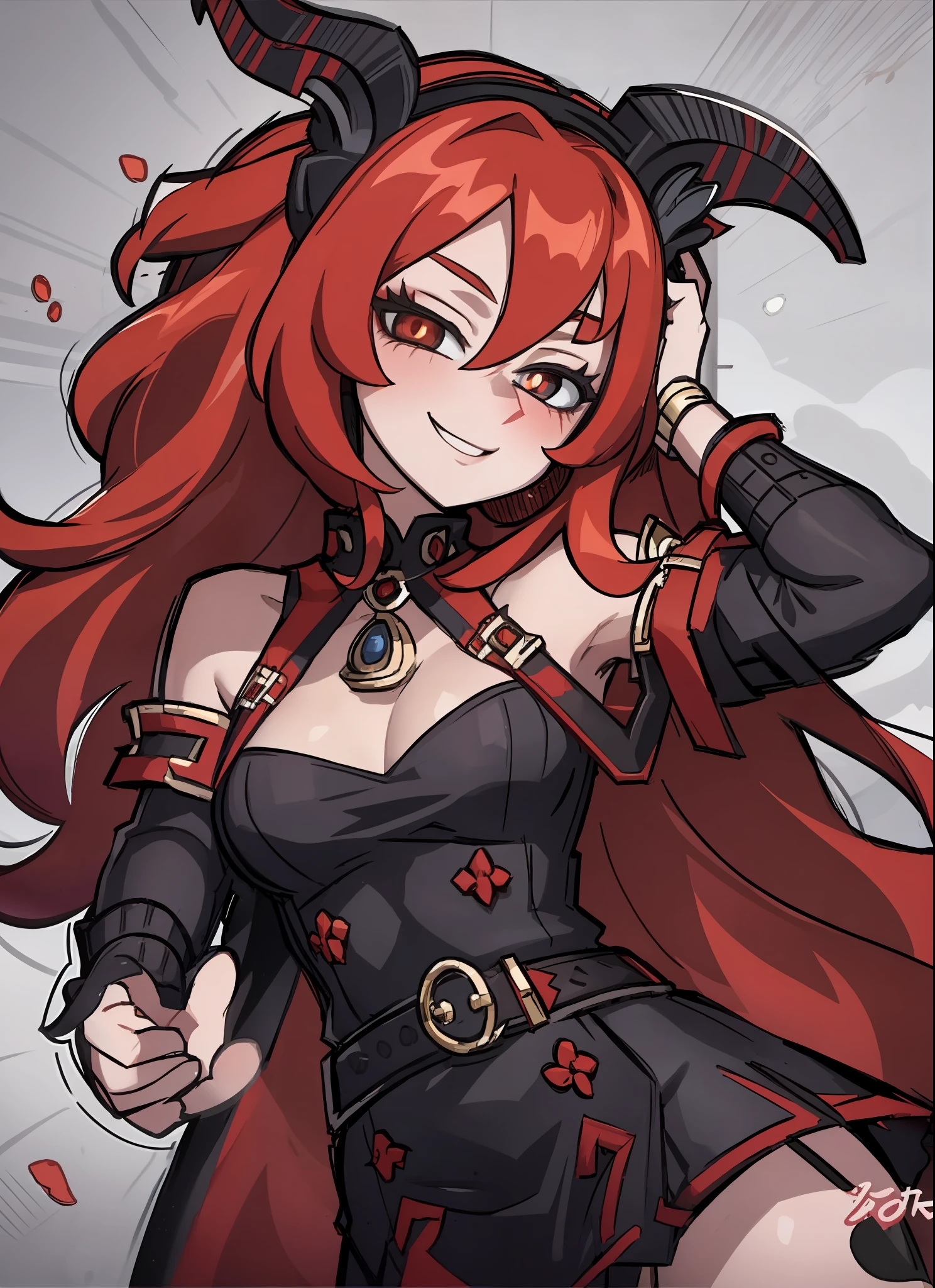 canine, long red hair, red pupils, jewelry, blushing, cute, smug, smile, rolling eyes, black earring, black dress, miniskirt, goat horn