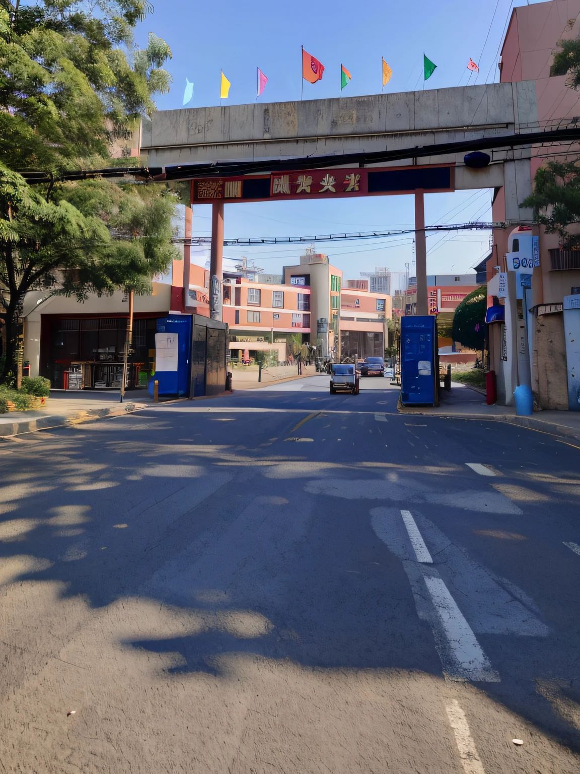 There is a sign that says the entrance to this county town middle school, ，The name of the logo is Poyang No. 2 Middle School，jinyiwei, baotou china, zmonzheng, huge gate, 8K)), large gate, nanquan, gate, shenzhen, beijing, qiangshu, hospitals, large view, Street view, ruanjia, street level view, changquan, mingchen shen，，In the shade of the tree there are two female secondary school students