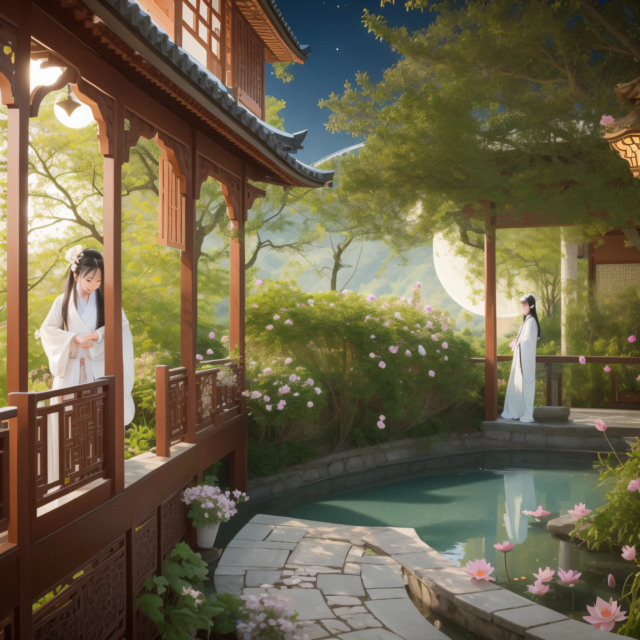 The crescent moon hangs clearly under the eaves、The aroma is everywhere、Lotus flowers bloom、The Hanfu woman carefully admired the flowers、Next to him is a poet who is drawing poetry。