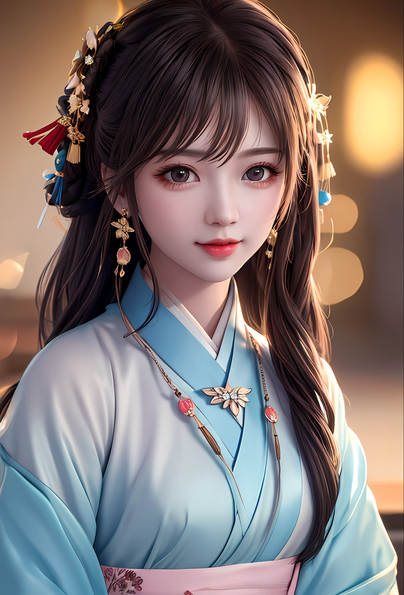 best quality, masterpiece, highres, 1girl,blush,(seductive smile:0.8),star-shaped pupils,china hanfu,hair ornament,necklace, jewelry,Beautiful face,upon_body, tyndall effect,photorealistic, dark studio, rim lighting, two tone lighting,(high detailed skin:1.2), 8k uhd, dslr, soft lighting, high quality, volumetric lighting, candid, Photograph, high resolution, 4k, 8k, Bokeh