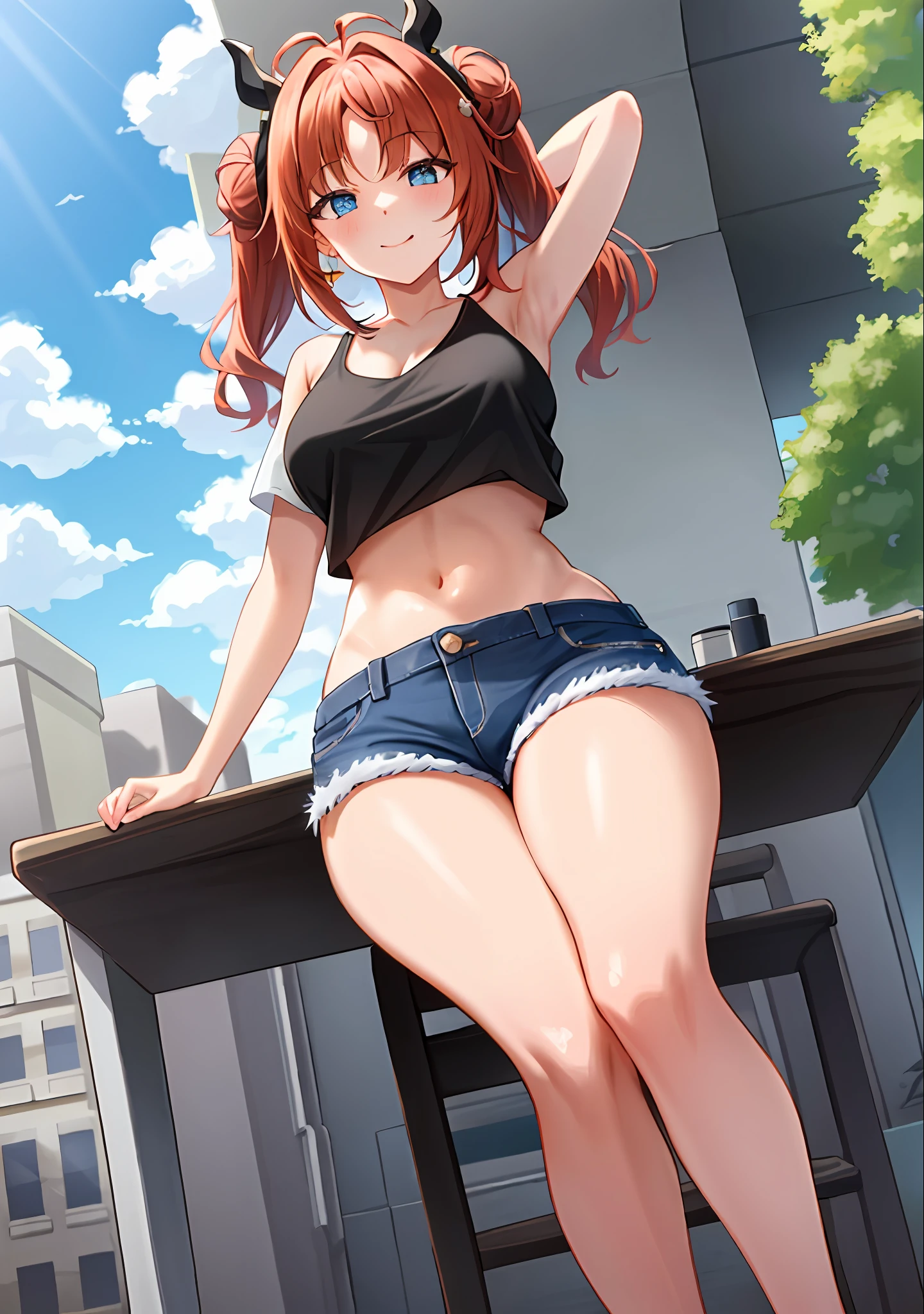 (masterpiece, best quality, ultra-detailed), nilou \(genshin impact\), (red hair), cone hair bun, twin tails, long hair, swept bangs, braid, braided bangs, blue eyes, blue eyes,
(wearing a t-shirt:1.2), sitting on a chair outside of caf, embracing the natural beauty, sunlight, beautiful cloudy sky, city, street, denim shorts, black stocking,
medium breasts, thick thighs, critical angle, cowboy shot, arm behind head, arm behind back, armpits, light smile, crop top, strong and seductive expressions,,