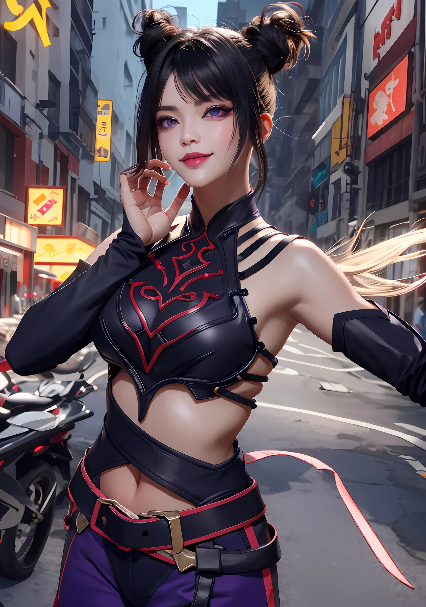 SFW, 30-year-old woman, sexy mature Asian woman, cara ovalada, cara y ojos detallados, beautiful purple iris, globos oculares blancos, JURIMS, SFIV, cuernos para el cabello, labios extremadamente delicados, (sonrisa muy sugerente: 1.2), sonrisa malvada, sonrisa malvada, sonrisa, pose de lucha enojada, pantalones blancos holgados, muslos gruesos, descalzo, pechos medianos, ojos morados, long eyeslashes, thick eyelashes, 8k uhd, HDR, fondo de pantalla CGunity 8k extremadamente detallado, calle de la ciudad, multitud de personas, cuerpo completo, gran angular, lente sigma de 35 mm, (8k), (4k), mirando al espectador,