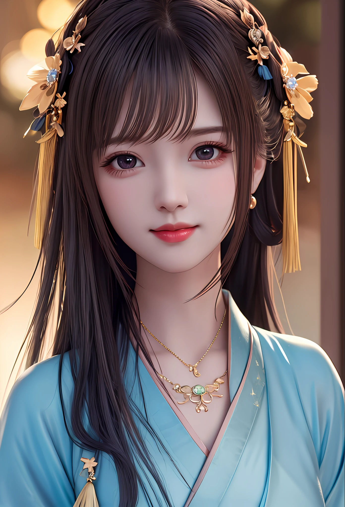 best quality, masterpiece, highres, 1girl,blush,(seductive smile:0.8),star-shaped pupils,china hanfu,hair ornament,necklace, jewelry,Beautiful face,upon_body, tyndall effect,photorealistic, dark studio, rim lighting, two tone lighting,(high detailed skin:1.2), 8k uhd, dslr, soft lighting, high quality, volumetric lighting, candid, Photograph, high resolution, 4k, 8k, Bokeh