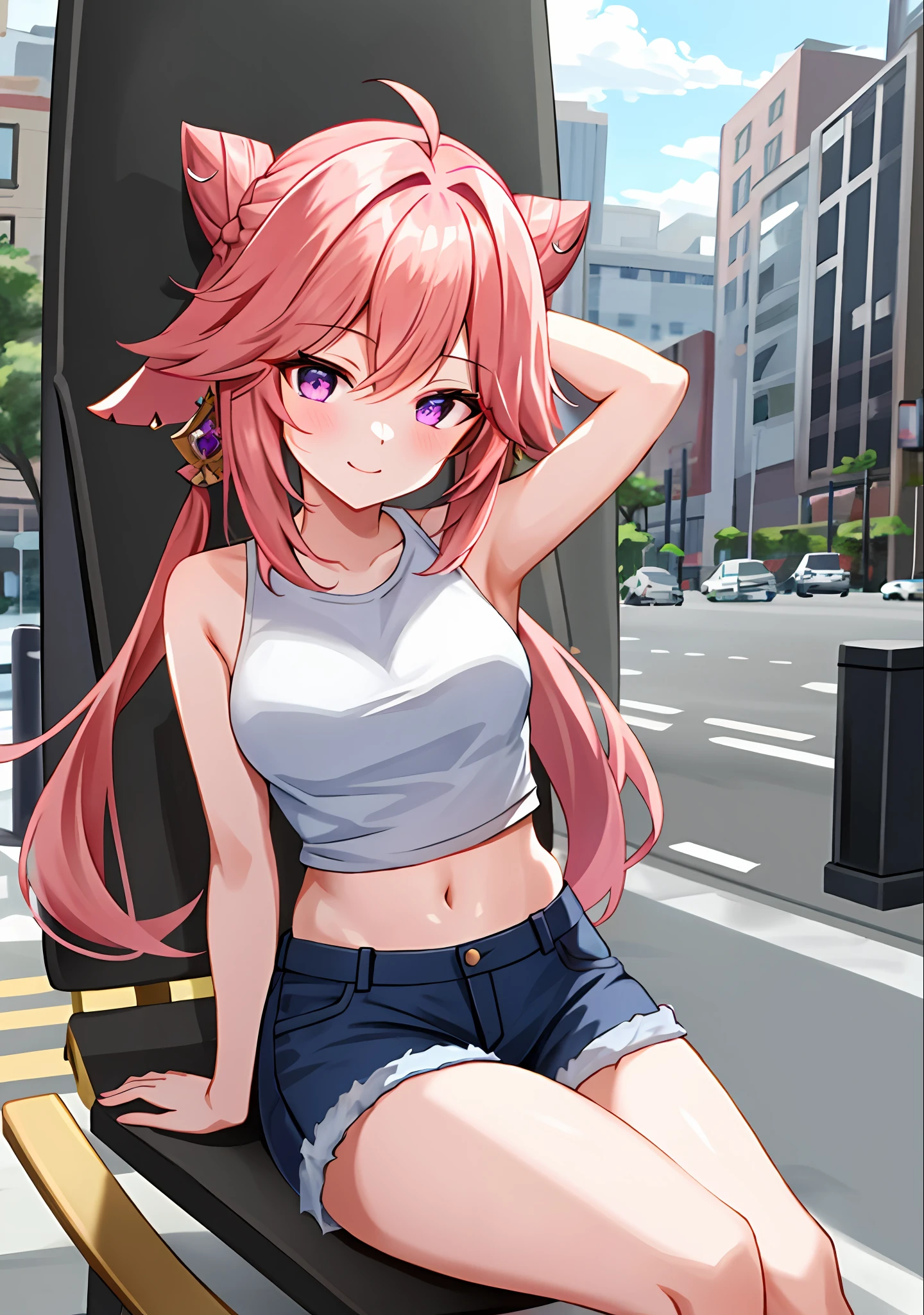 (masterpiece, best quality, ultra-detailed), yae miko \(genshin impact\), (pink hair), cone hair bun, twin tails, long hair, swept bangs, braid, braided bangs, purple eyes, pink eyes,
(wearing a t-shirt:1.2), sitting on a chair outside of caf, embracing the natural beauty, sunlight, beautiful cloudy sky, city, street, denim shorts, black stocking,
medium , thick thighs, critical angle, cowboy shot, arm behind head, arm behind back, armpits, light smile, crop top, strong and seductive expressions,,