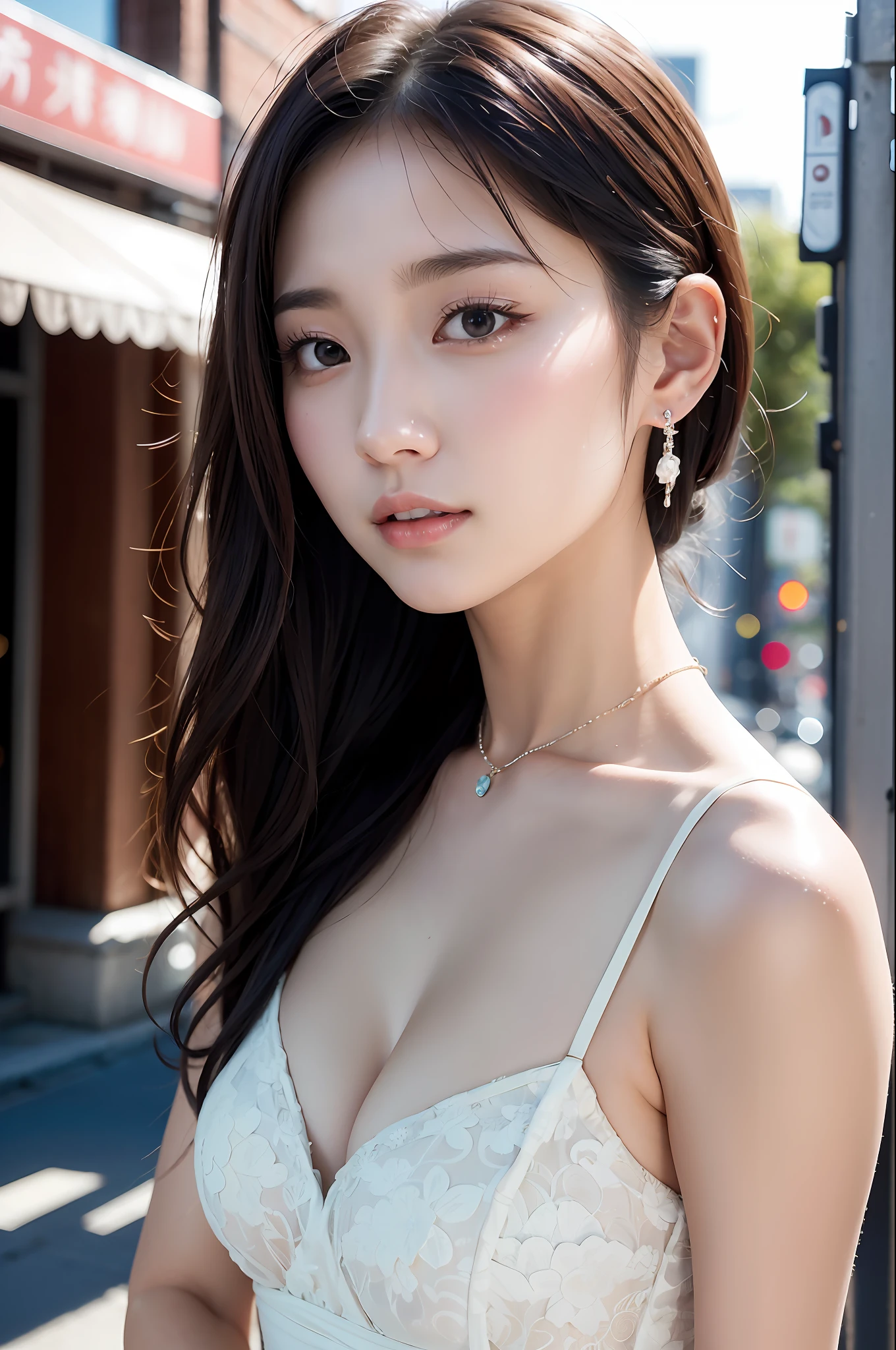 ((addielyn))、Random posture、(extremely delicate and beautiful work)、(masterpiece)、One girl、Highly Detailed Elegant Wedding Dresses、tiarra、A highly detailed、Warped ponytail、A charming expression、Beautiful and clear eyes、Green pupil、delicate necklaces、Delicate earrings、Simple blurry background、Description of extreme details、Beautiful fece、A charming、Ultra-fine painting、delicated face、Delicate figure、thin clavicle、Beautiful lips、Soft back view、mix4、(8K、Raw photography、top-quality、masterpiece:1.2), (reallistic, Photorealsitic:1.37),1girl in,Cute,Cityscape, natta, Sateen, Wetty, Professional Lighting, Photon mapping, Radio City, physically-based renderingt, above waist、乃木坂アイドル、韓国アイドル、hposing Gravure Idol、女優、