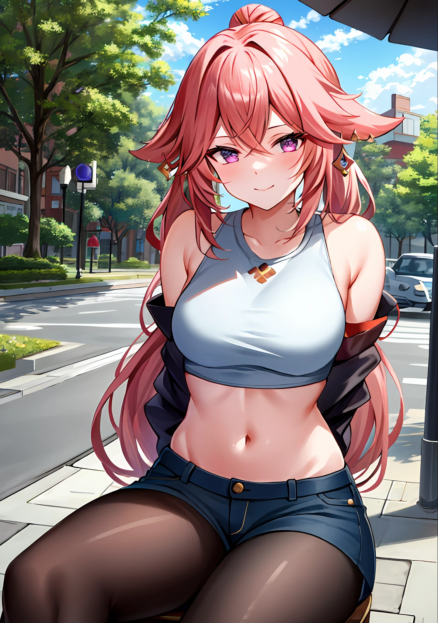 (masterpiece, best quality, ultra-detailed), yae miko \(genshin impact\), (pink hair), cone hair bun, twin tails, long hair, swept bangs, braid, braided bangs, purple eyes, pink eyes,
(wearing a t-shirt:1.2), sitting on a chair outside of caf, embracing the natural beauty, sunlight, beautiful cloudy sky, city, street, denim shorts, black stocking,
medium breasts, thick thighs, critical angle, cowboy shot, arm behind head, arm behind back, armpits, light smile, crop top, strong and seductive expressions,,