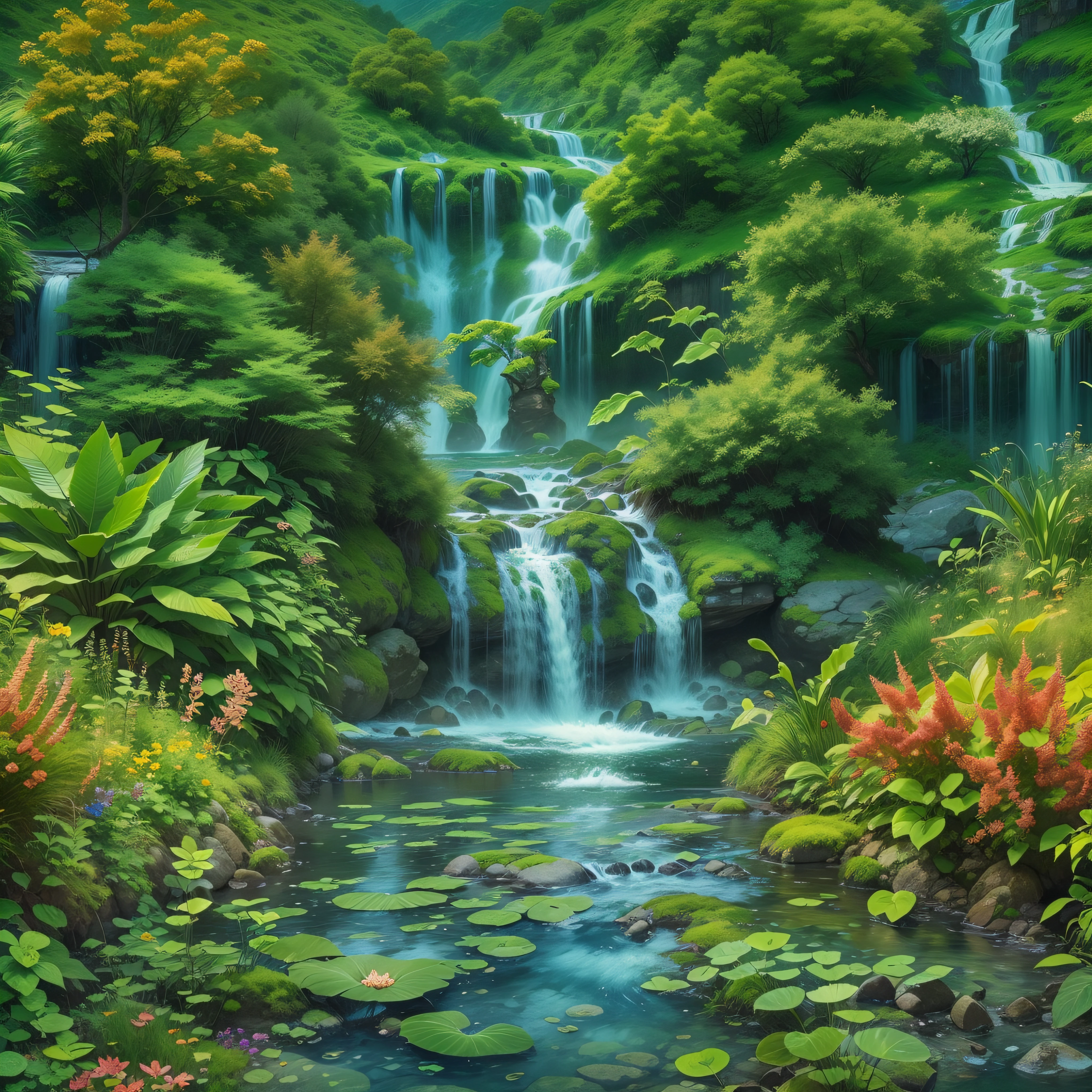 shows an impressive landscape where water flows majestically. Its crystalline streams feed lush vegetation and bring life to diverse living creatures. The image captures the beauty and vitality that water brings to our world, reminding us of its importance to our existence.