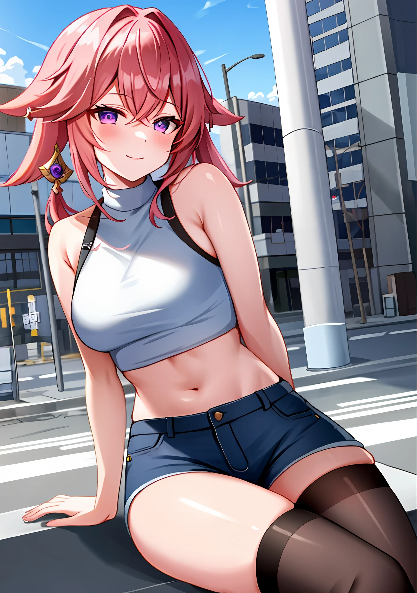 (masterpiece, best quality, ultra-detailed), yae miko \(genshin impact\), (pink hair), cone hair bun, twin tails, long hair, swept bangs, braid, braided bangs, purple eyes, pink eyes,
(wearing a t-shirt:1.2), sitting on a chair outside of caf, embracing the natural beauty, sunlight, beautiful cloudy sky, city, street, denim shorts, black stocking,
medium breasts, thick thighs, critical angle, cowboy shot, arm behind head, arm behind back, armpits, light smile, crop top, strong and seductive expressions,,