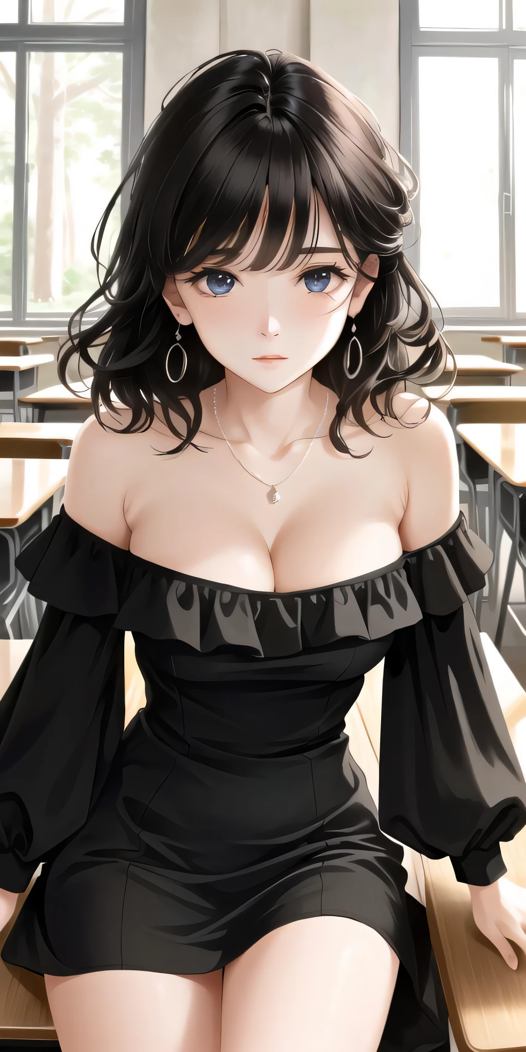 ((beautiful face)), extremely delicate facial,the creamy smooth skin,masterpiece, 1girl, best quality, ultra high res, (photorealistic:1.4),full_body,,tender shining,amazing scene lighting,(In classroom), ((black off-shoulder dress)),Look at the audience,necklace