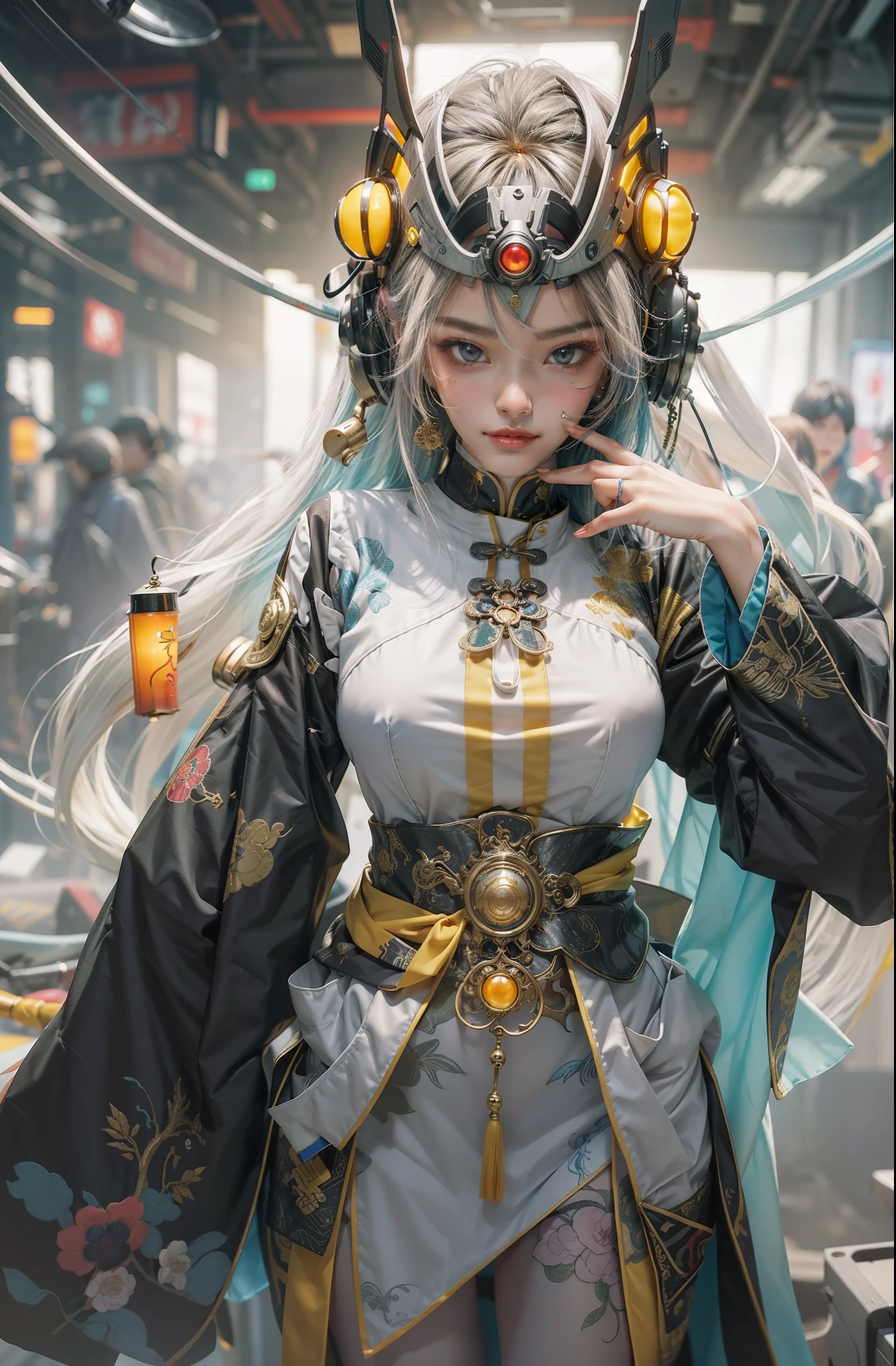 Wide shot, From above, (over distances), ((Ultra-wide angle)), (Wide-angle), Sony FE GM,Grand background,Cyberpunk China,one-girl,Crazy pose,Crazy tension,Cinematic light,Gorgeous background,Colorful background,grin,((cyber punk style,machine arm,Hologram aura,Surreal Science Fiction Art,Future Science Fiction Aesthetics)),(1 girl solo), ((full body shot shot)), (Determined eyes),(Ancient Chinese clothes,White cheongsam,Embroidered collar Uesugi,White large-sleeved shirt,Streamers),(Hairpins,cabelos preto e longos, arma),(Hanfu),(Clear facial features,detailed skin textures,beauitful face), 耳Nipple Ring,Yellow skin,(tmasterpiece,top Quority,best qualtiy),(((flatcolors))),