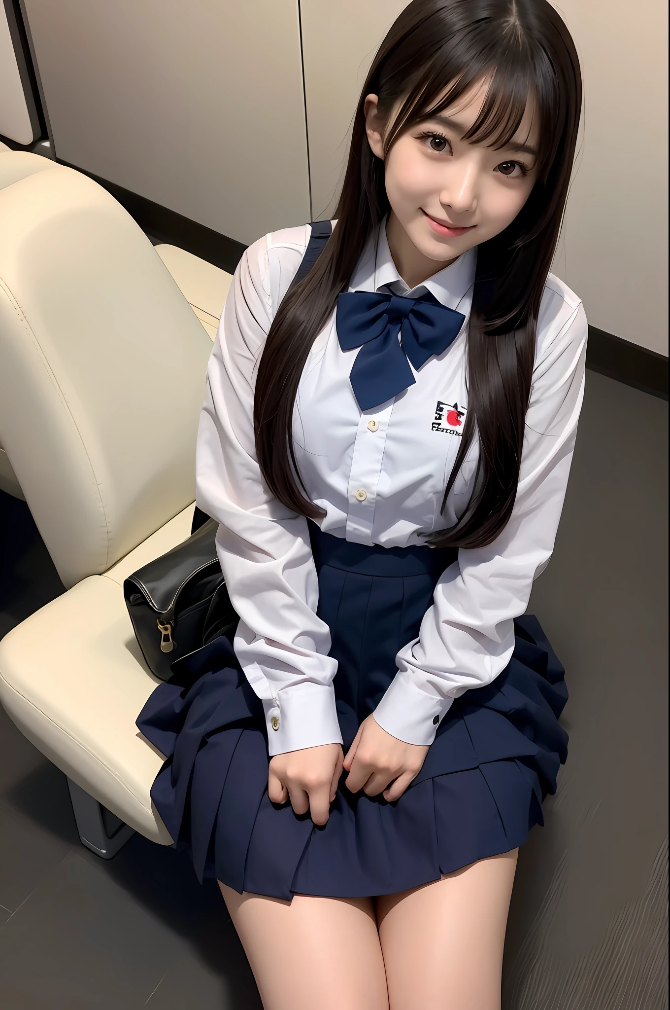 high-angle shot、Center view、Arafe asian woman in short skirt and bow tie sitting on train、cute school girl、Japan Girl Uniform、Wearing Japan school uniform、Japan School Uniforms、a hyperrealistic schoolgirl、Dressed as a schoolgirl、a hyperrealistic schoolgirl、Wearing a uniform、Realistic Schoolgirl、Girl in Uniform、Wearing a uniform、Schoolgirl Pose、full body Esbian、Nice skin、glistning skin、lovely thighs、glowing thigh、shining legs、bare-legged , High School in Japan 、乃木坂アイドル、韓国アイドル