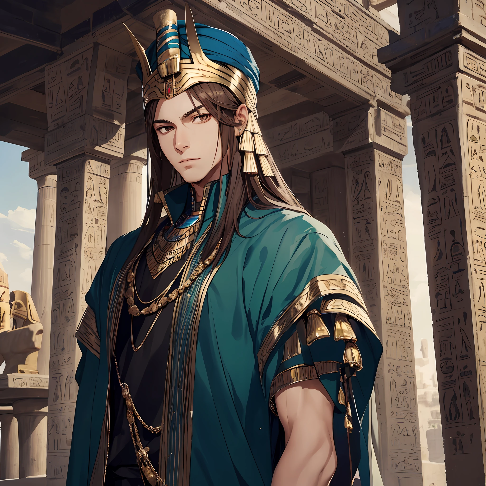 masterpiece, best quality, 1man, adult, brown eyes, male focus, solo, brown hair, vibrant brown eyes, long hair, looking at viewer, closed mouth, Fantasy aesthetics, Highly detailed, shadowverse style, pharaoh, egyptian king, egyptian attire, royal attire