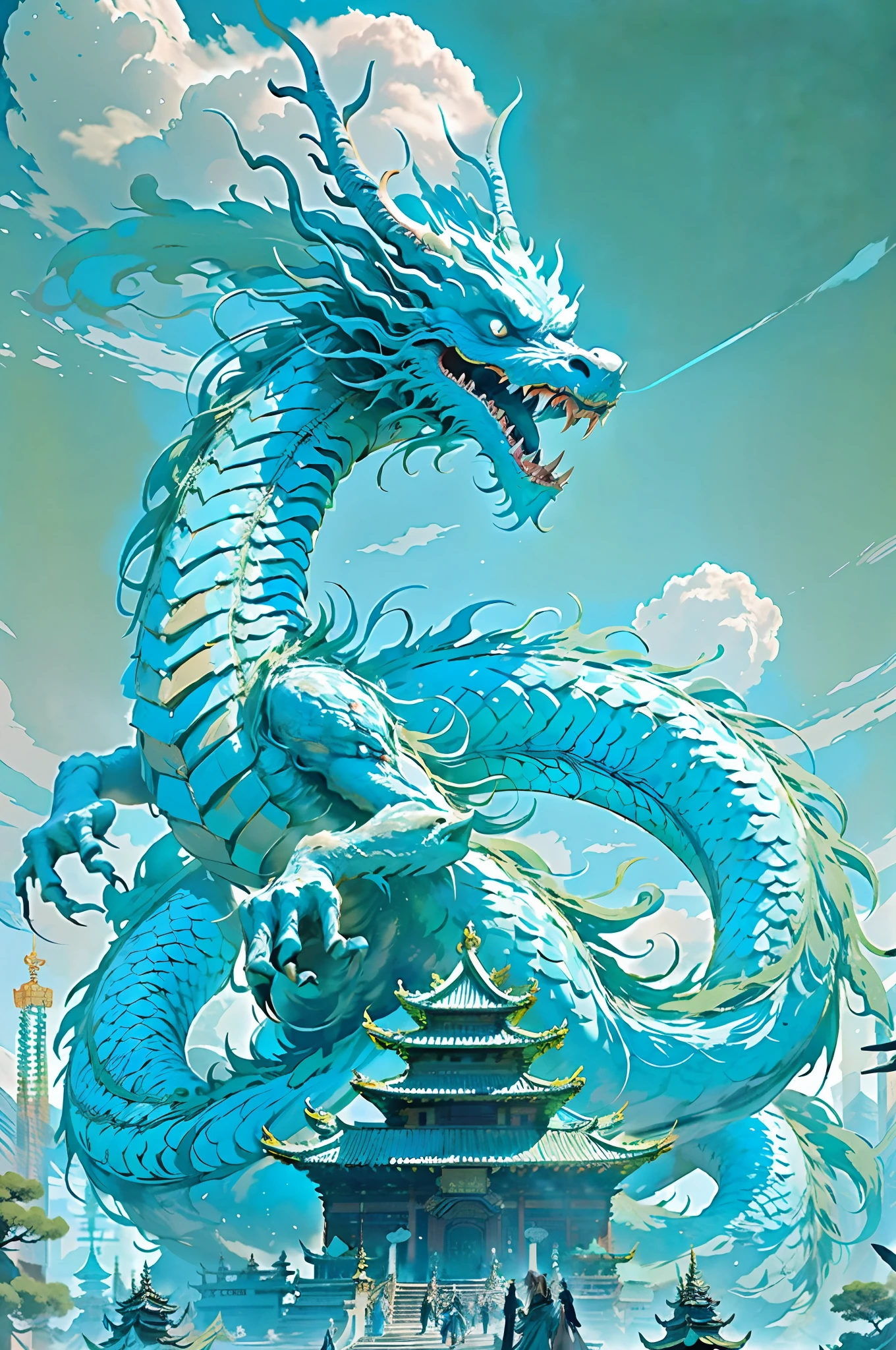 Best quality,masterpiece,ultra high res,nu no humans, (long:1.2),eastern dragon, east asian architecture, sky, architecture, outdoors, cloud, day, mountain, open mouth, blue sky, teeth, scales, sharp teeth, horns, glowing, fangs, tree, glowing eyes, pagoda, scenery