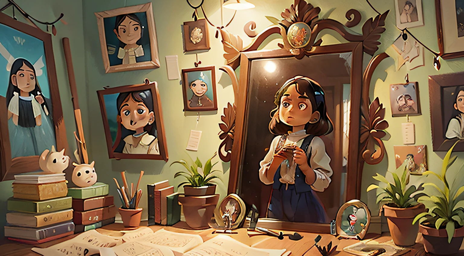 "[Isabella surrounded by her art, Her paintings and sculptures reflect the emotions that the mirror revealed.]"